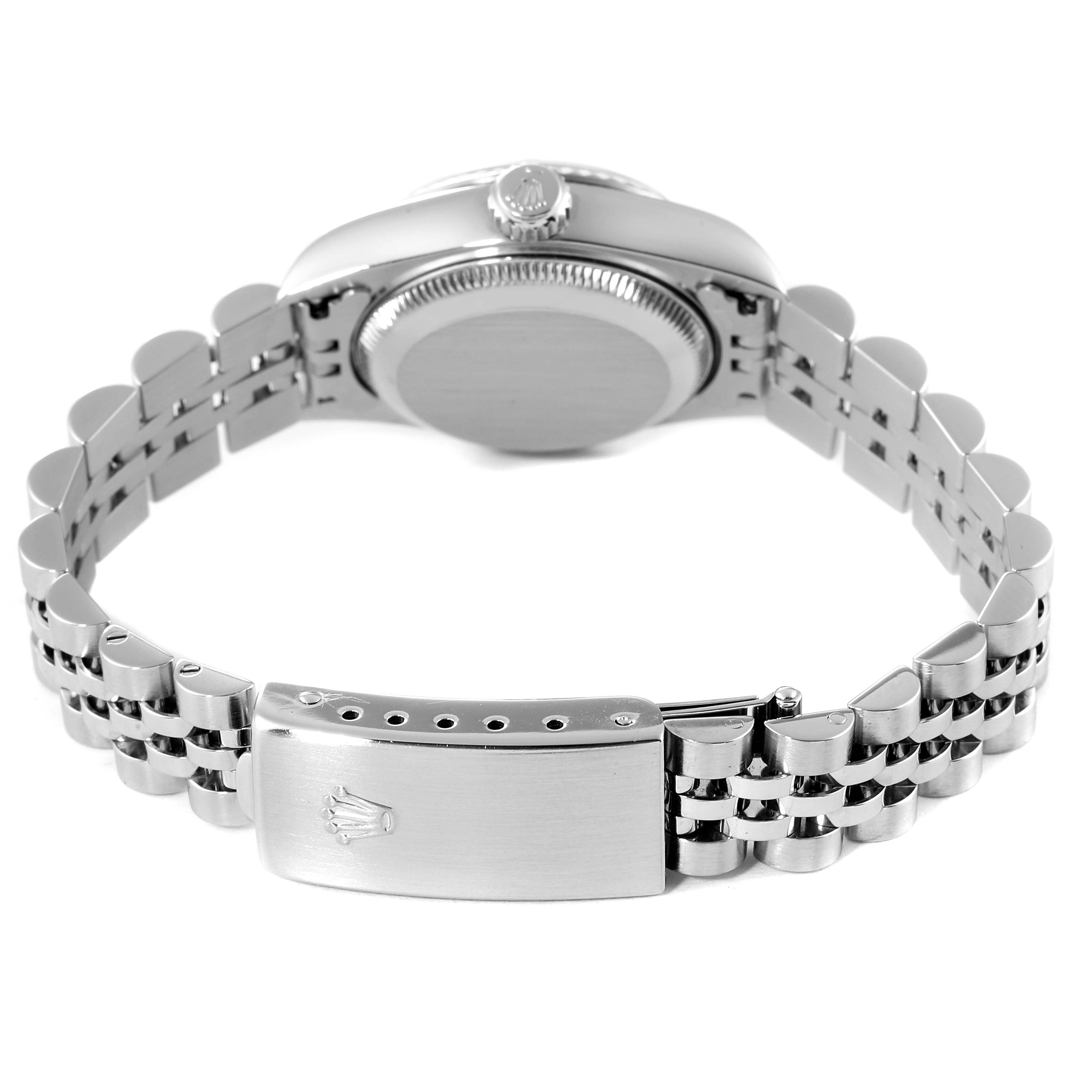 The image shows the back and clasp of a Rolex Datejust 79174 Women's Stainless Steel Black Dial 79174 Women's Stainless Steel Black Dial watch, highlighting the case back, bracelet, and clasp.