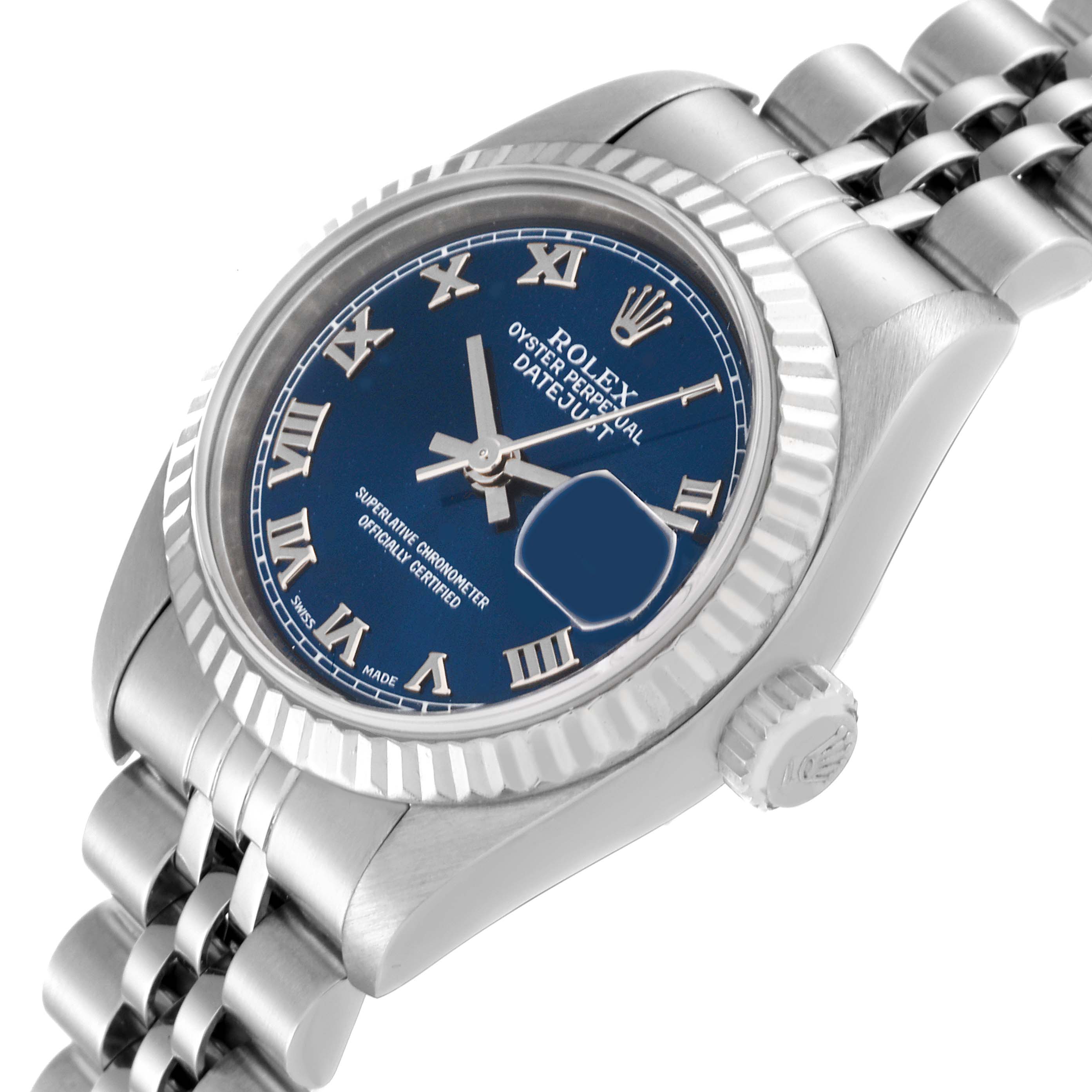 This Rolex Datejust 69174 Women's Stainless Steel Blue Dial 69174 Women's Stainless Steel Blue Dial watch is shown from a slightly angled top view, displaying the dial, bezel, crown, and bracelet.