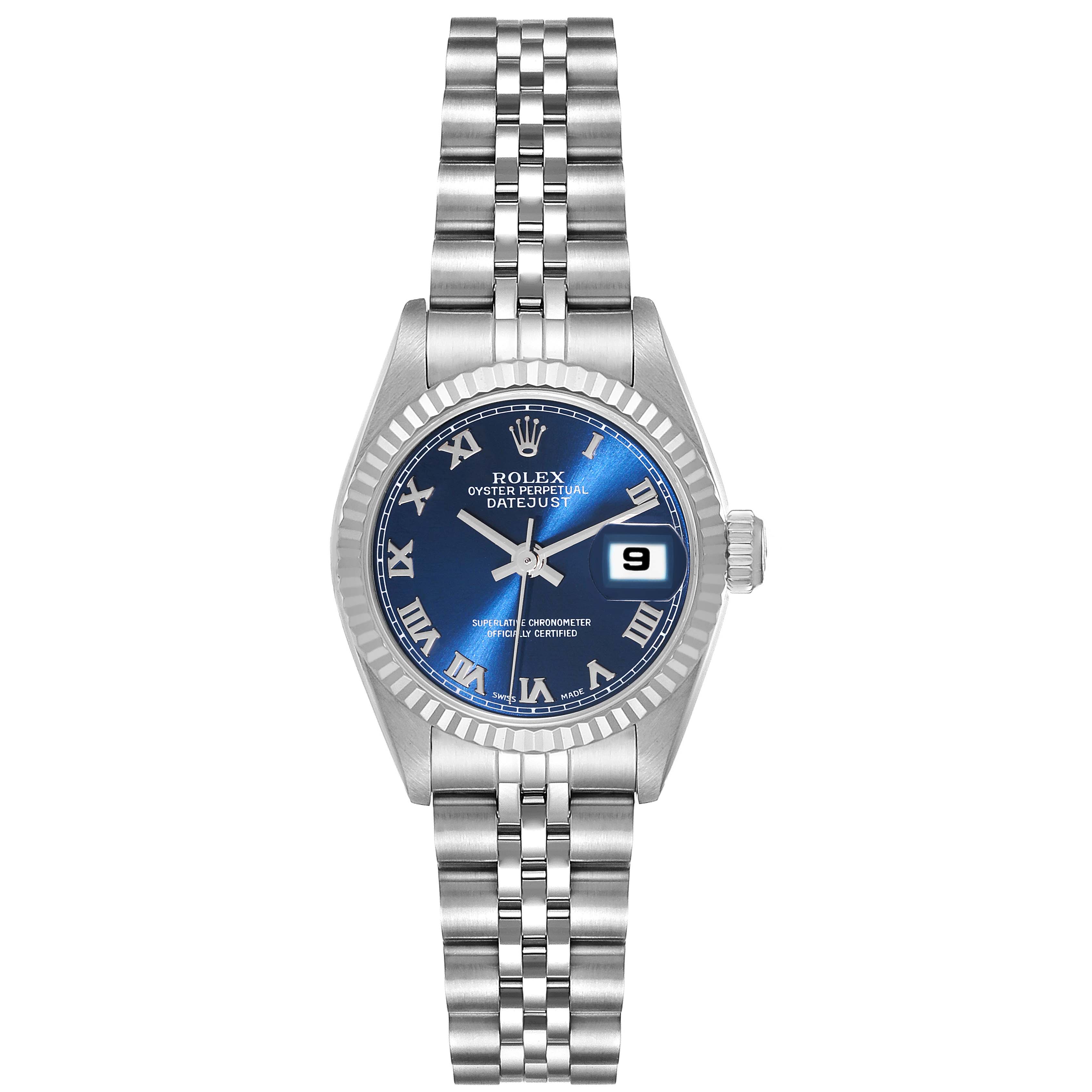 This image shows the Rolex Datejust 69174 Women's Stainless Steel Blue Dial 69174 Women's Stainless Steel Blue Dial watch from a direct front angle, highlighting its blue dial, date window, and stainless steel bracelet.
