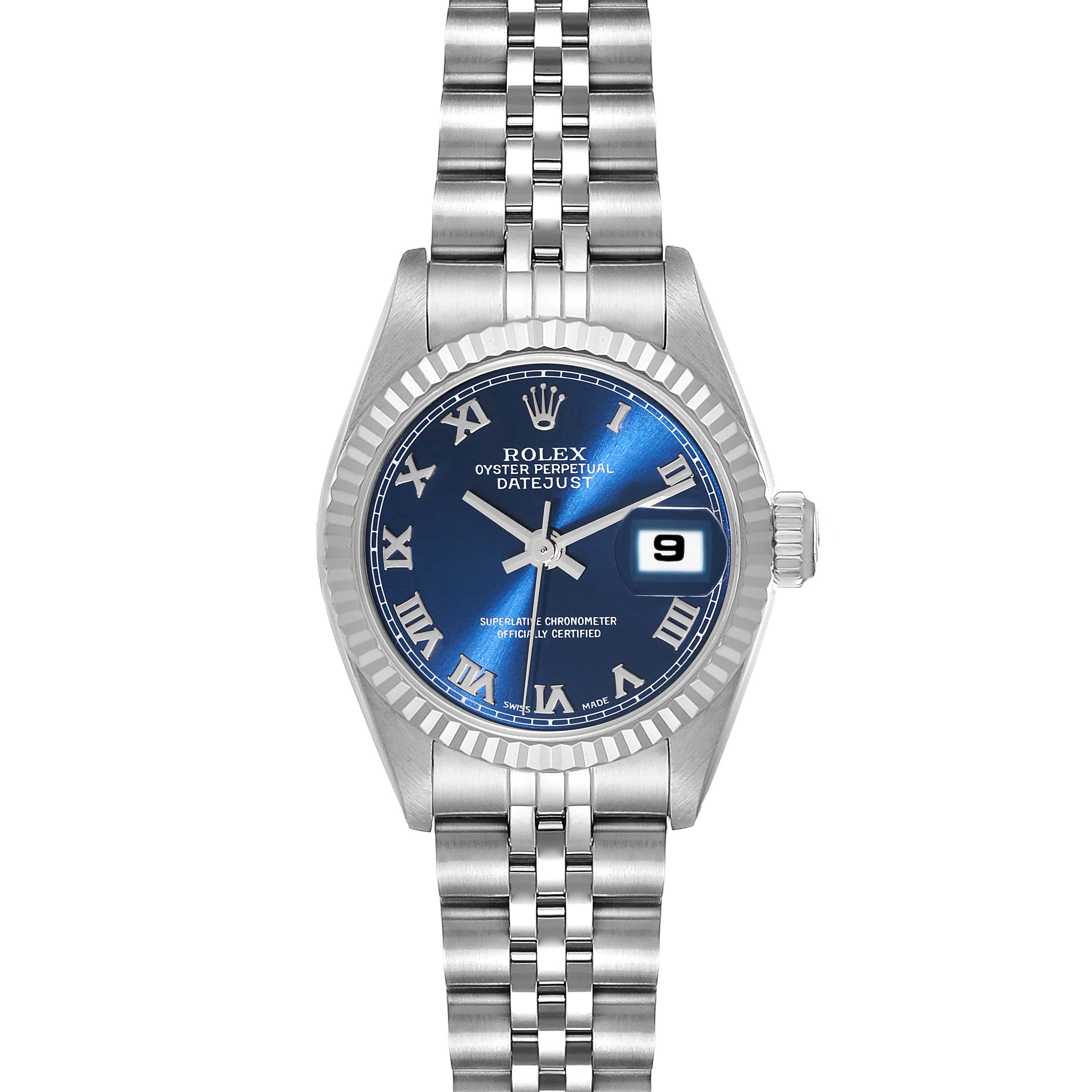 This image shows a front view of a Rolex Datejust 69174 Women's Stainless Steel Blue Dial 69174 Women's Stainless Steel Blue Dial model watch, featuring its blue dial, date display, and bracelet.