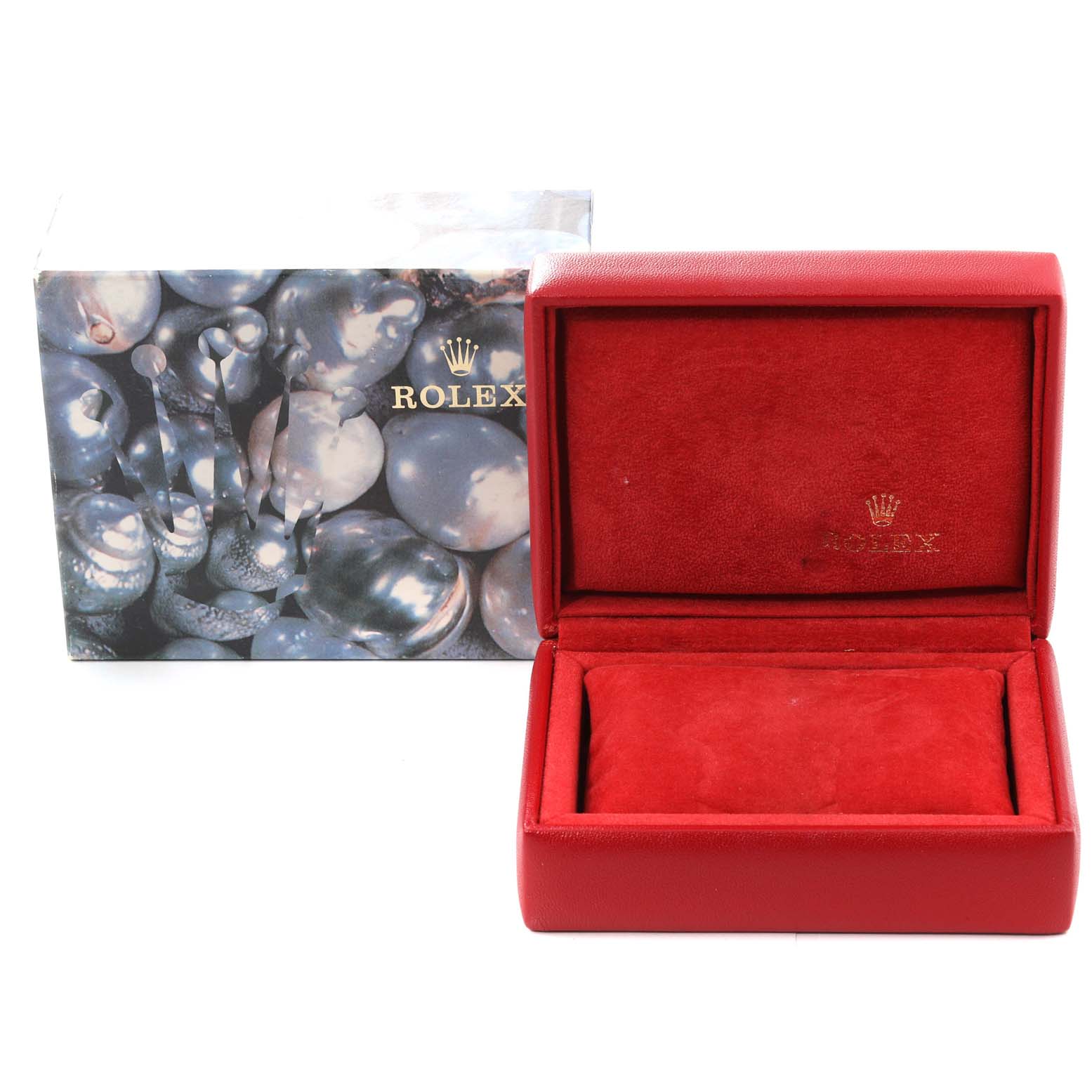 The image shows a Rolex Datejust 69174 Women's Stainless Steel Blue Dial 69174 Women's Stainless Steel Blue Dial watch box, open and empty, with the outer packaging beside it.
