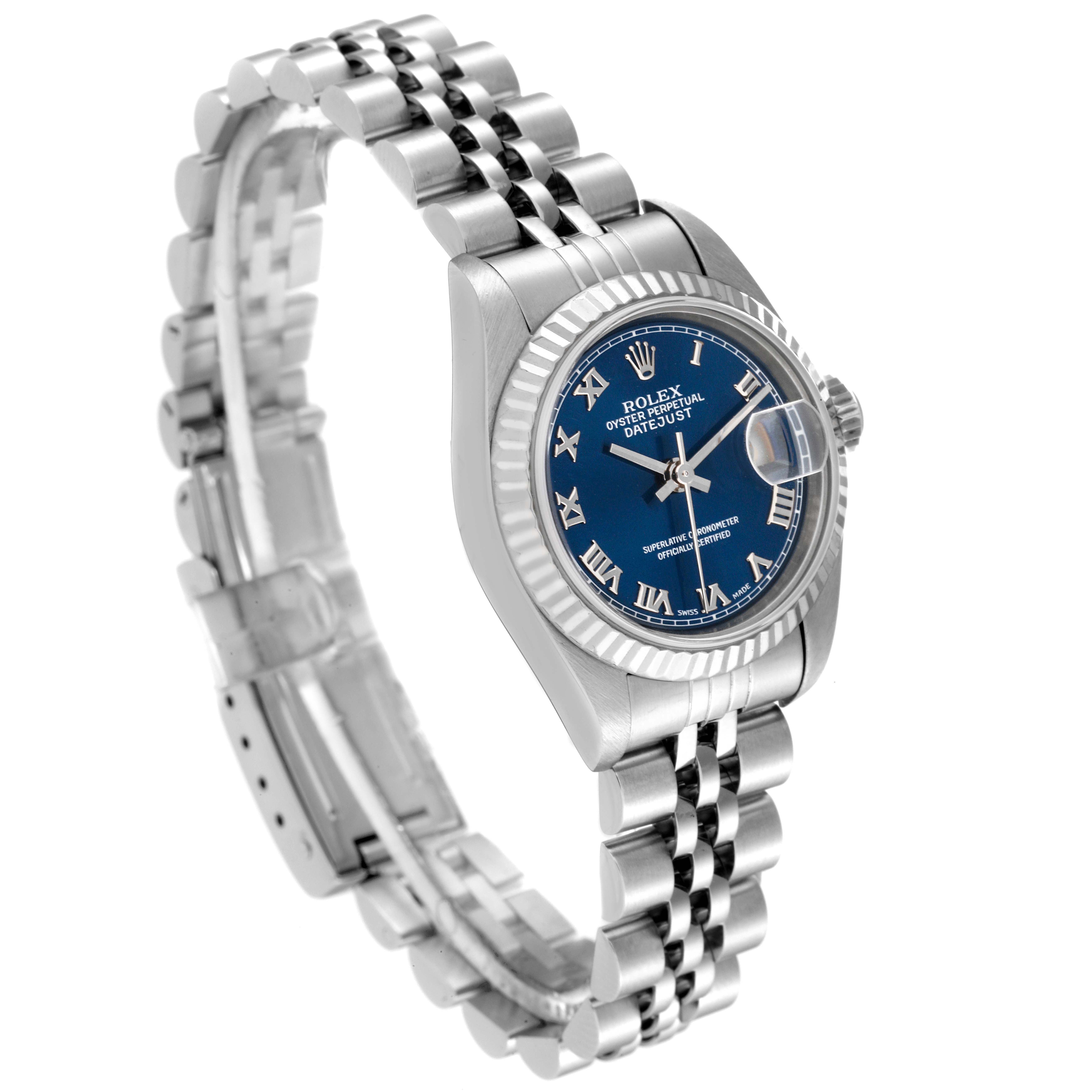 The image shows a side and front angle of the Rolex Datejust 69174 Women's Stainless Steel Blue Dial 69174 Women's Stainless Steel Blue Dial watch, featuring the face, bracelet, and clasp.