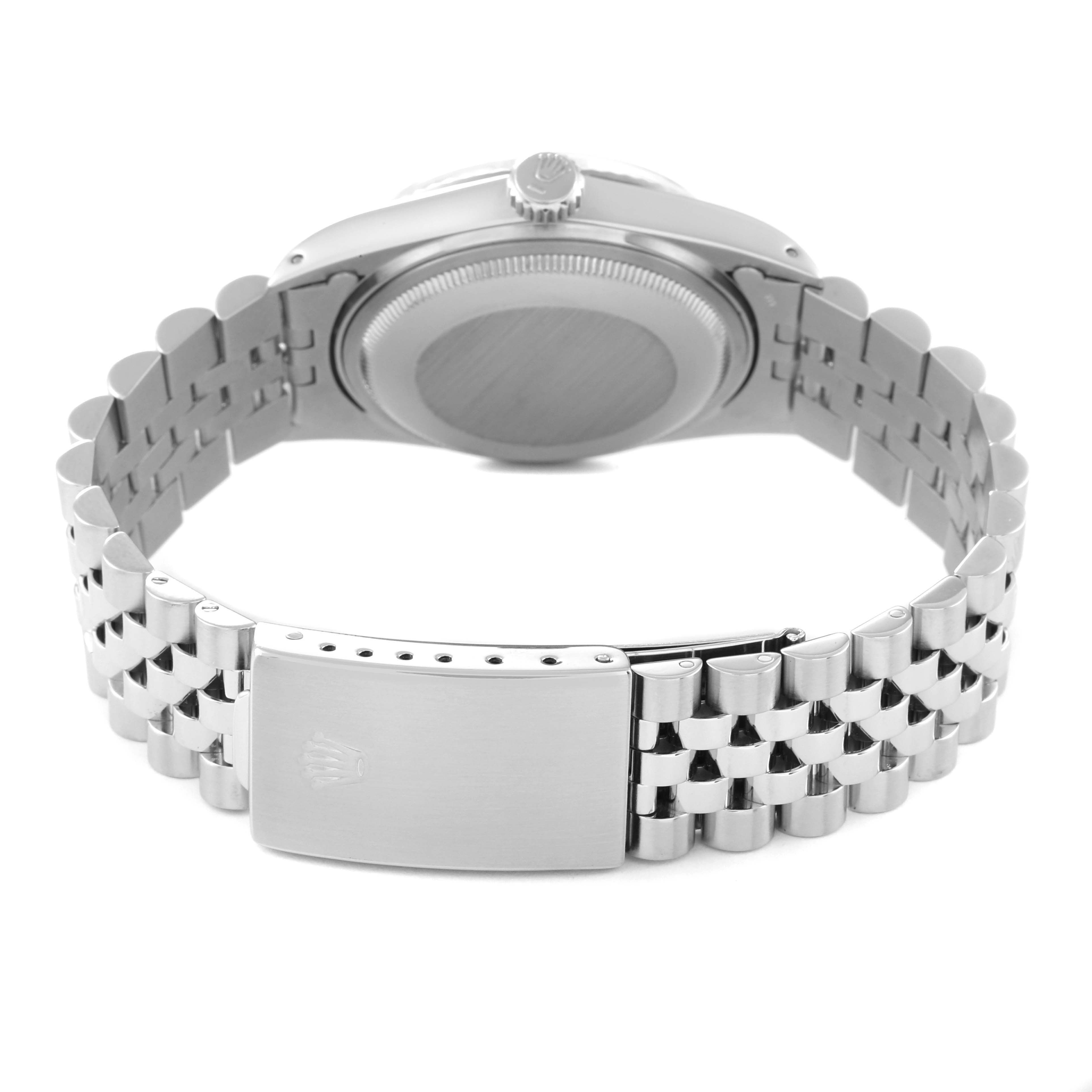 This image shows the back of a Rolex Datejust 16014 Men's Stainless Steel Grey Dial 16014 Men's Stainless Steel Grey Dial watch, highlighting the case back and the stainless steel bracelet with clasp.