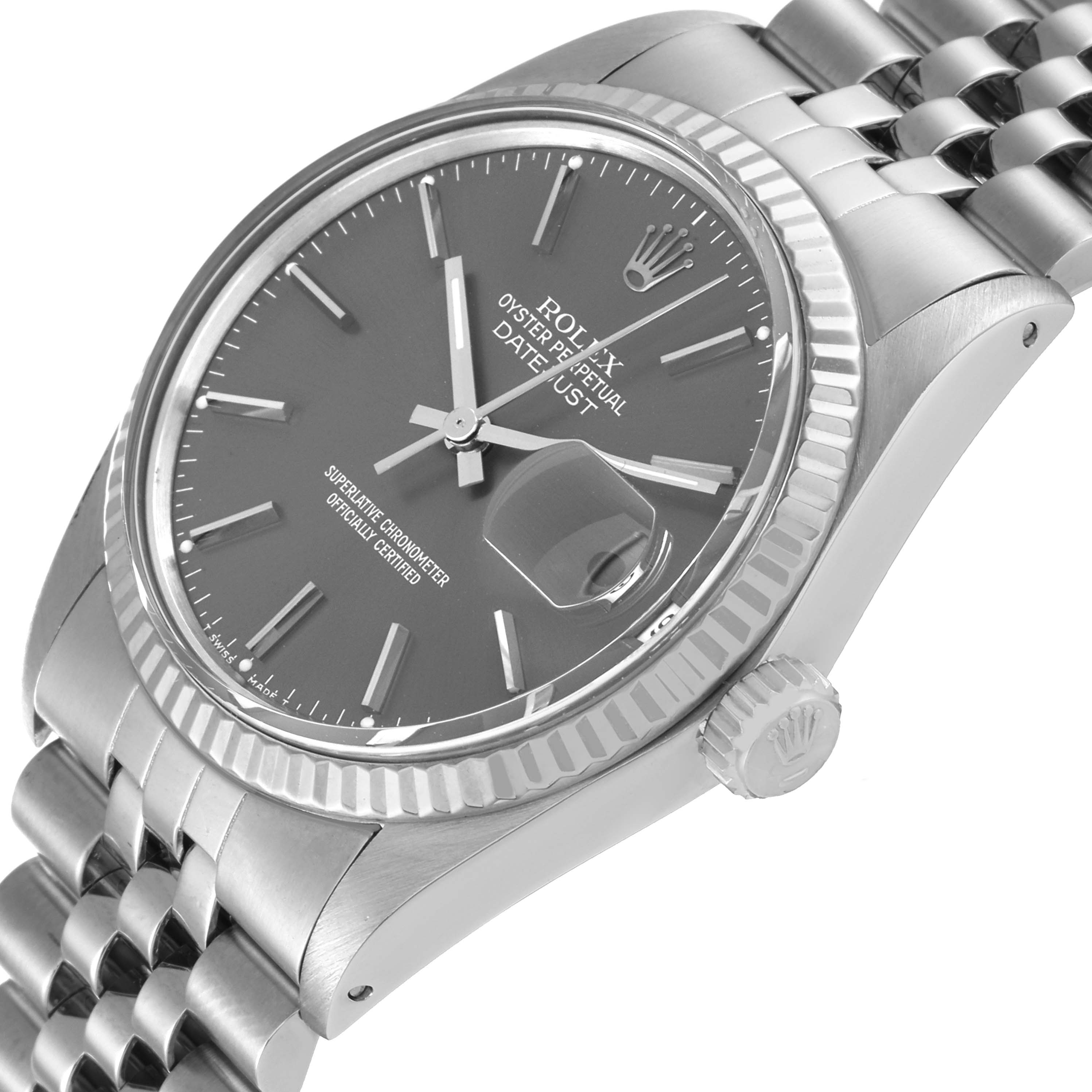 The image shows a Rolex Datejust 16014 Men's Stainless Steel Grey Dial 16014 Men's Stainless Steel Grey Dial watch at a three-quarter view, highlighting the dial, bezel, and part of the bracelet.