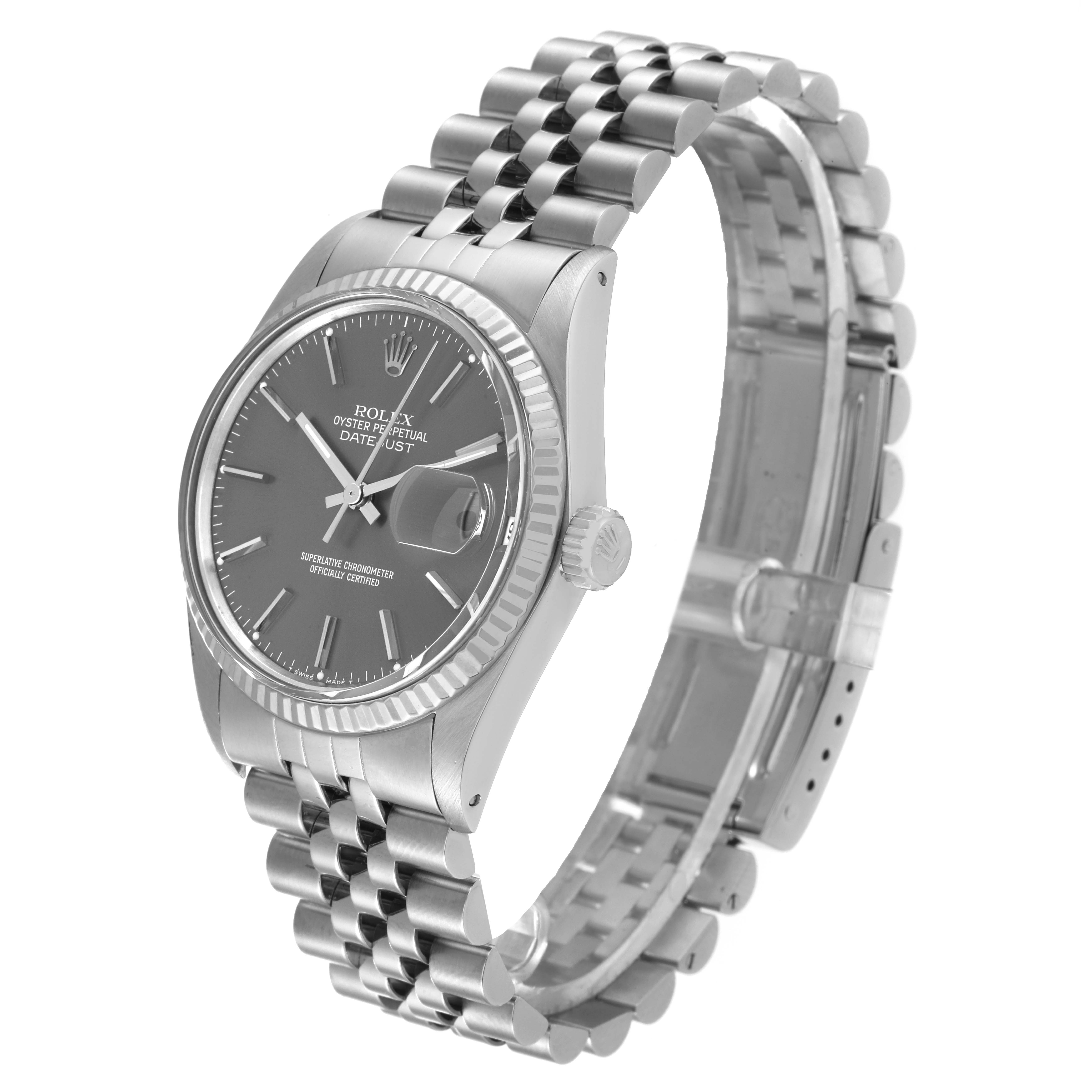 The image shows a side-angle view of a Rolex Datejust 16014 Men's Stainless Steel Grey Dial 16014 Men's Stainless Steel Grey Dial watch, highlighting the face, bezel, crown, and Jubilee bracelet.