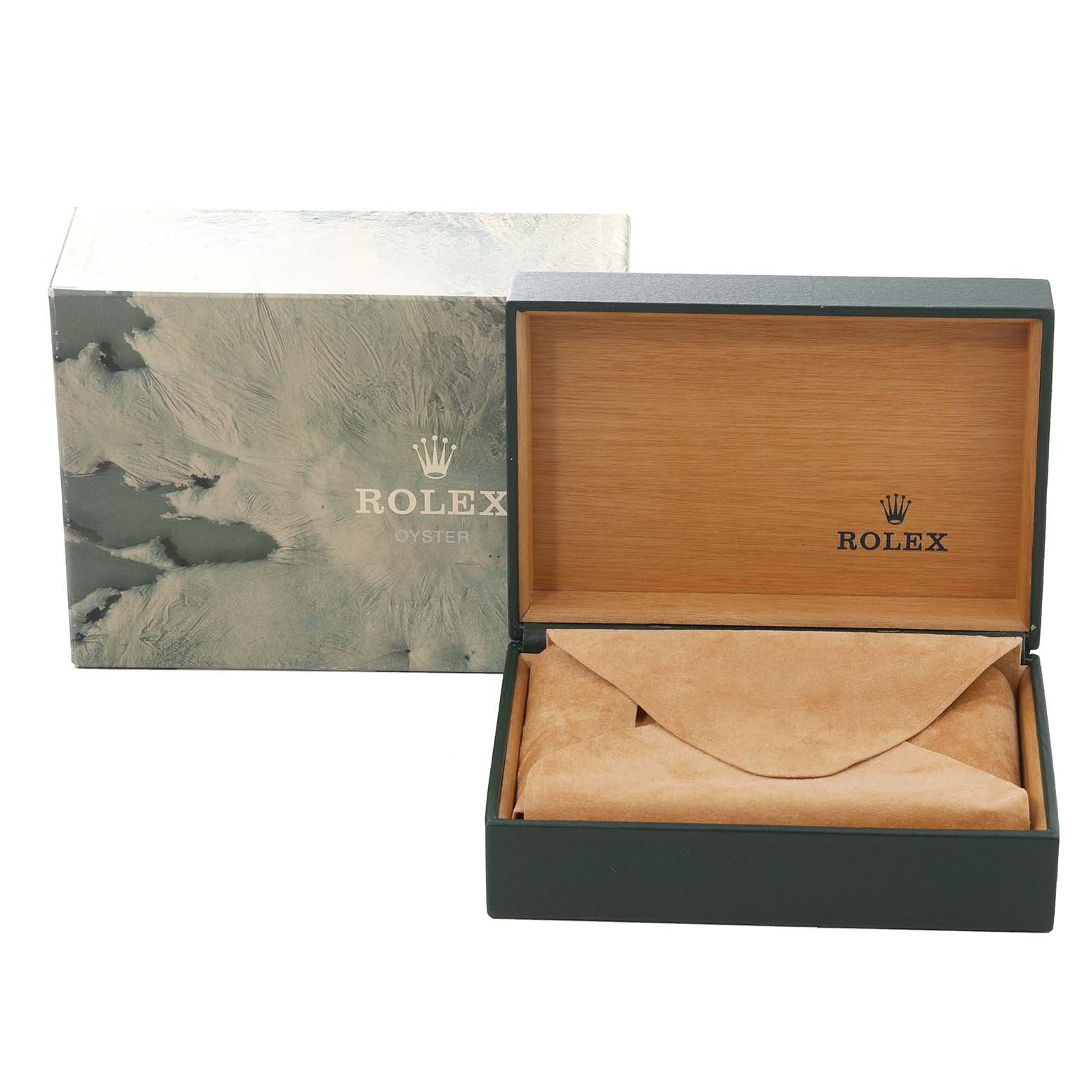 This image shows an open Rolex Datejust 16014 Men's Stainless Steel Grey Dial 16014 Men's Stainless Steel Grey Dial box and its outer sleeve, displaying the inner suede pouch.