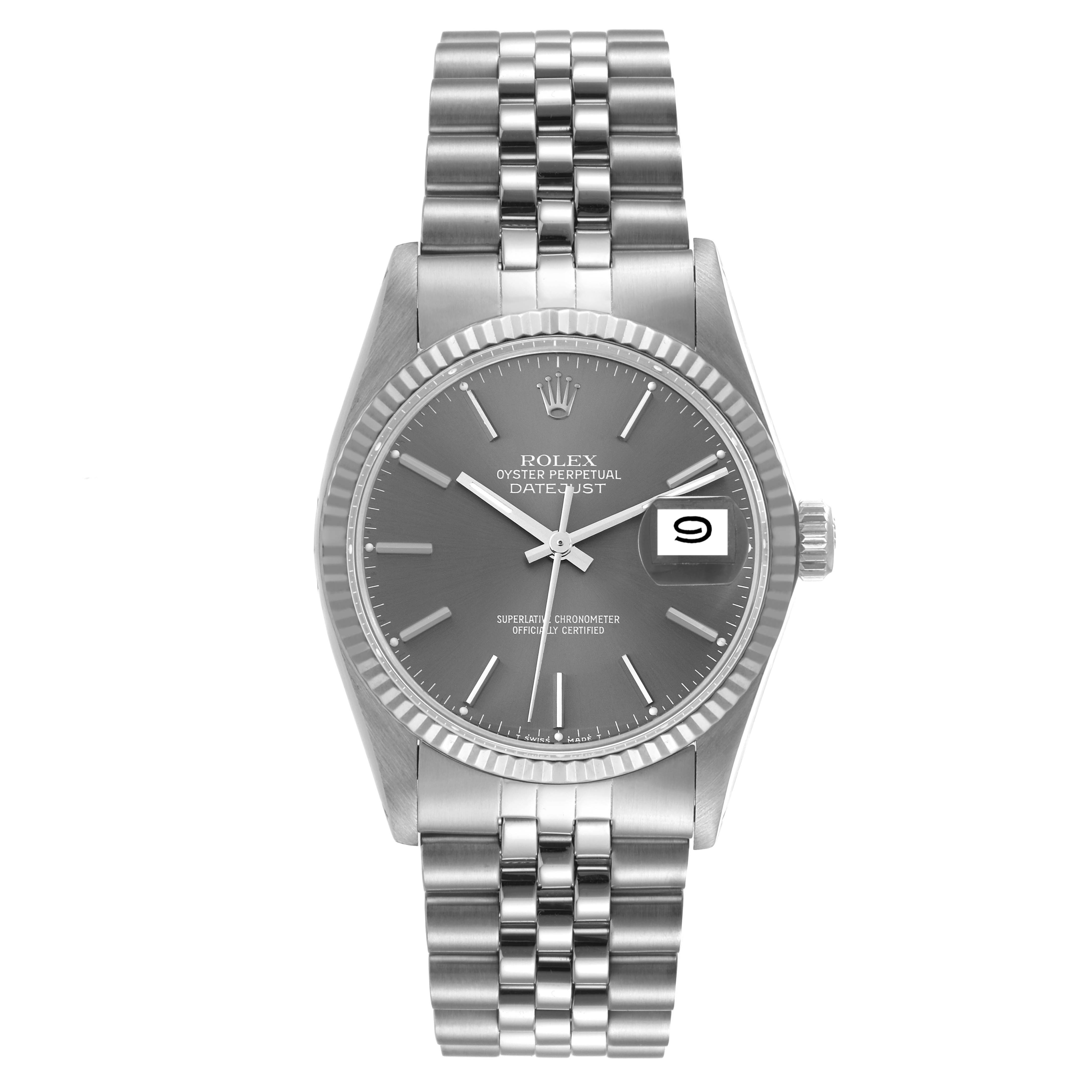 This is a front view of a Rolex Datejust 16014 Men's Stainless Steel Grey Dial 16014 Men's Stainless Steel Grey Dial watch showcasing its dial, bezel, and bracelet.
