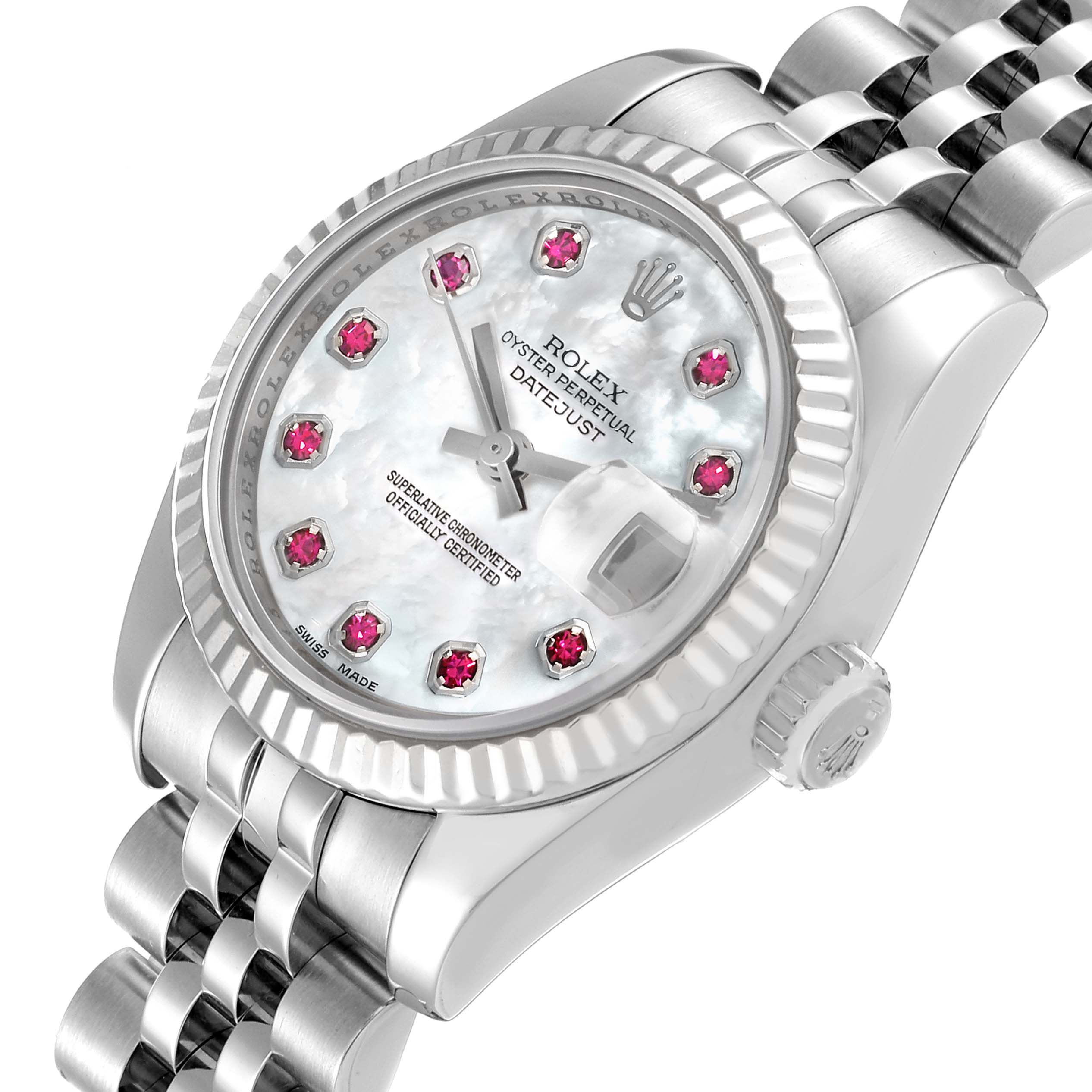 The image shows a close-up of the Rolex Datejust 179174 Women's Stainless Steel Mother of Pearl Dial 179174 Women's Stainless Steel Mother of Pearl Dial watch from an angled side view, showcasing part of the dial, bezel, crown, and bracelet.