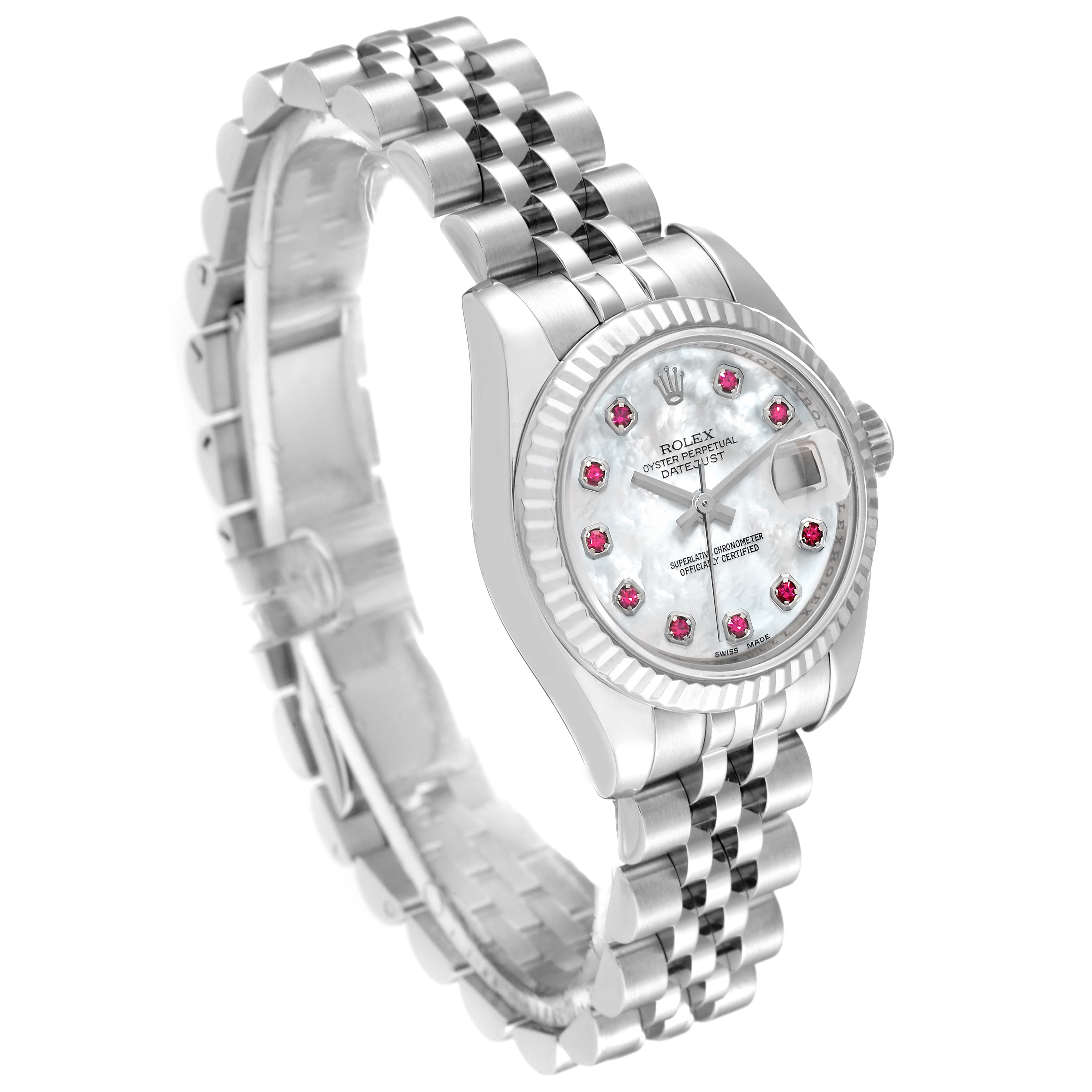 The image shows a Rolex Datejust 179174 Women's Stainless Steel Mother of Pearl Dial 179174 Women's Stainless Steel Mother of Pearl Dial watch at a three-quarter angle, highlighting its dial, bezel, bracelet, and crown.