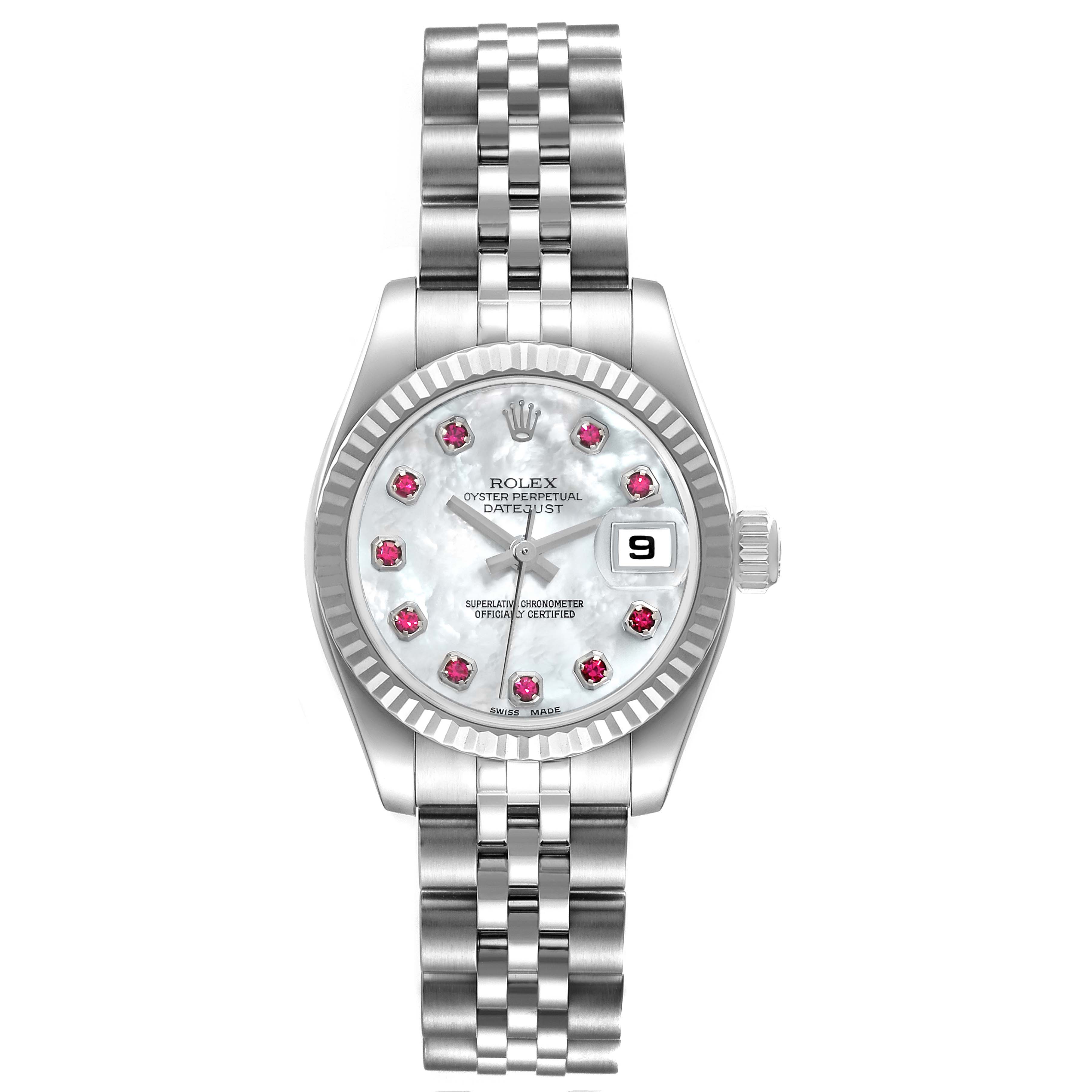 This image shows a front view of a Rolex Datejust 179174 Women's Stainless Steel Mother of Pearl Dial 179174 Women's Stainless Steel Mother of Pearl Dial watch, displaying the face, bezel, bracelet, and crown.