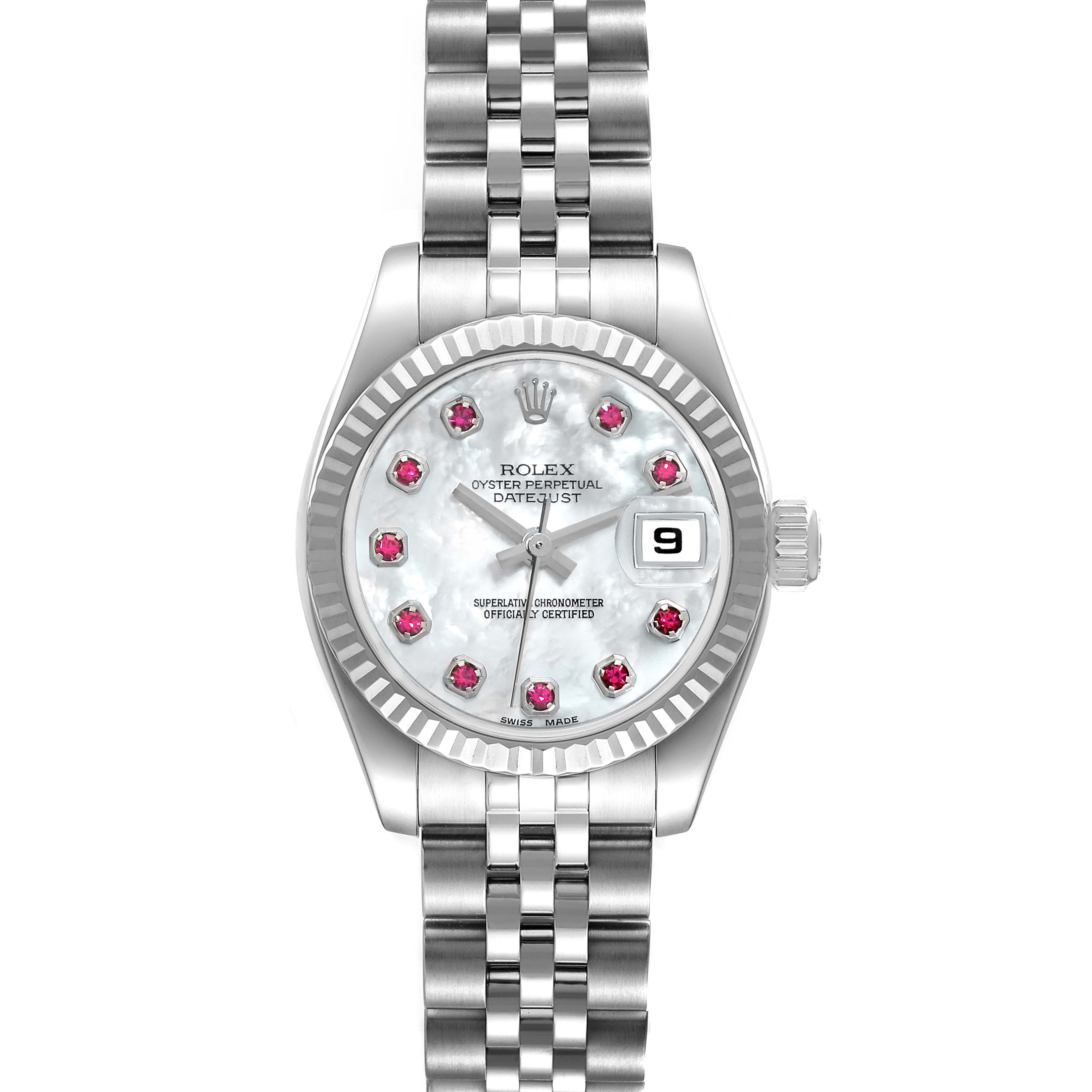 This image shows a front view of a Rolex Datejust 179174 Women's Stainless Steel Mother of Pearl Dial 179174 Women's Stainless Steel Mother of Pearl Dial watch with a metal bracelet and a mother-of-pearl dial with gemstone markers.