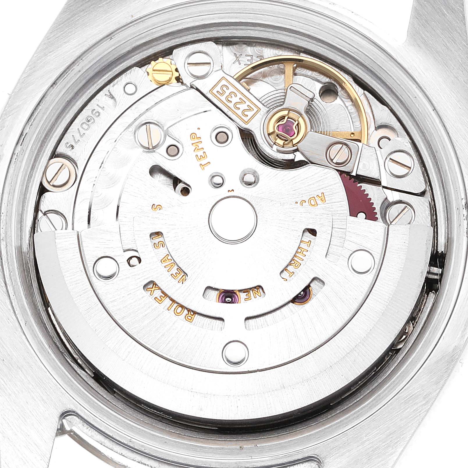 The image shows the detailed internal mechanism of a Rolex Datejust 179174 Women's Stainless Steel Mother of Pearl Dial 179174 Women's Stainless Steel Mother of Pearl Dial watch, observed from the back.