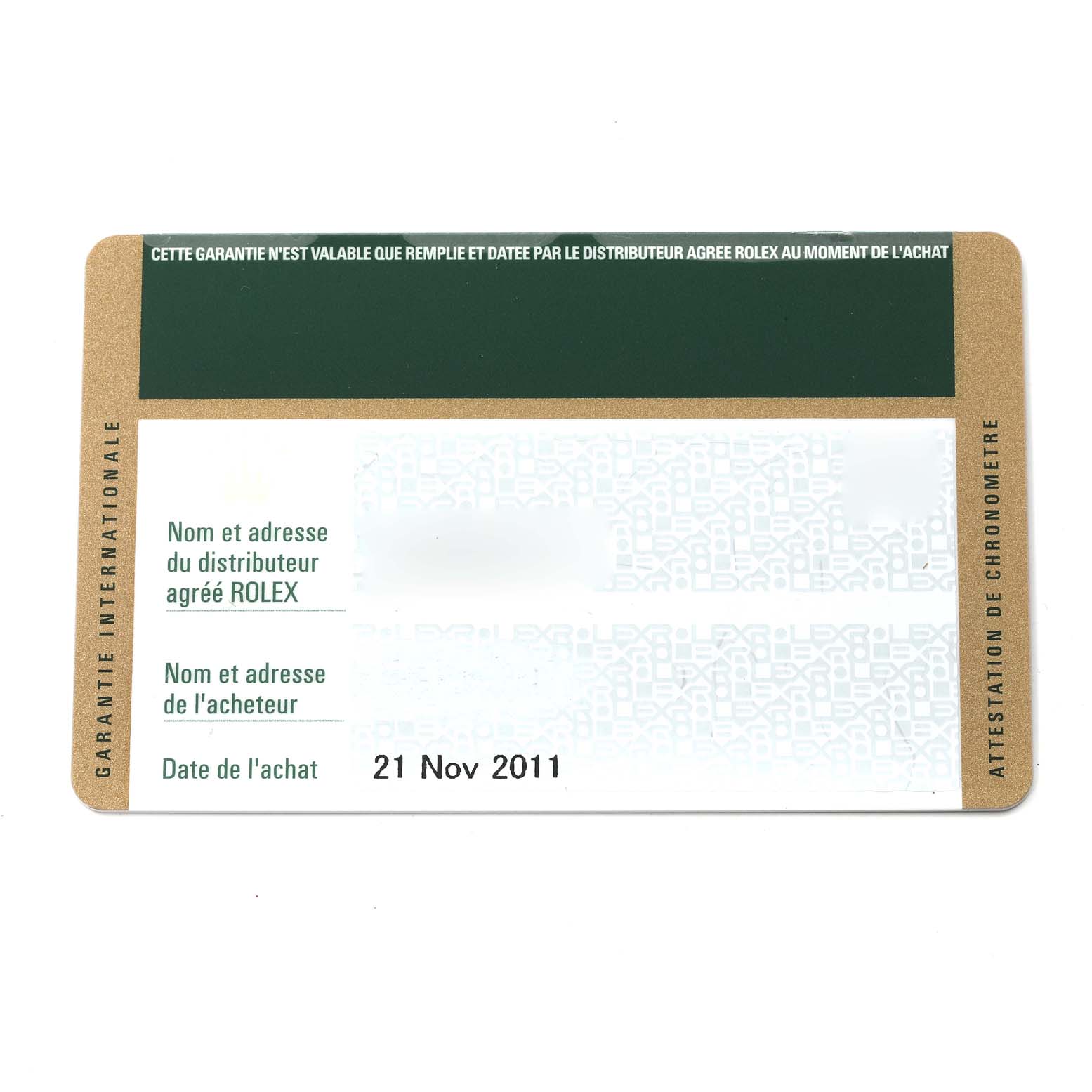 This image shows the front side of an international warranty card for a Rolex Datejust 179174 Women's Stainless Steel Mother of Pearl Dial 179174 Women's Stainless Steel Mother of Pearl Dial model, mentioning details and purchase date.