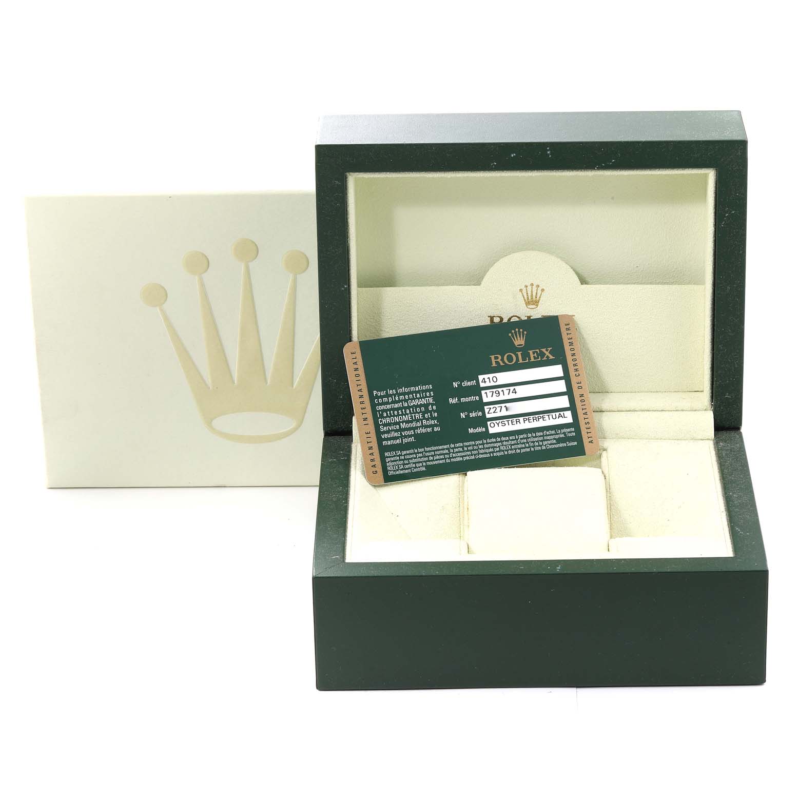 The image shows a Rolex Datejust 179174 Women's Stainless Steel Mother of Pearl Dial 179174 Women's Stainless Steel Mother of Pearl Dial watch's box and authentication card displayed inside the open box.