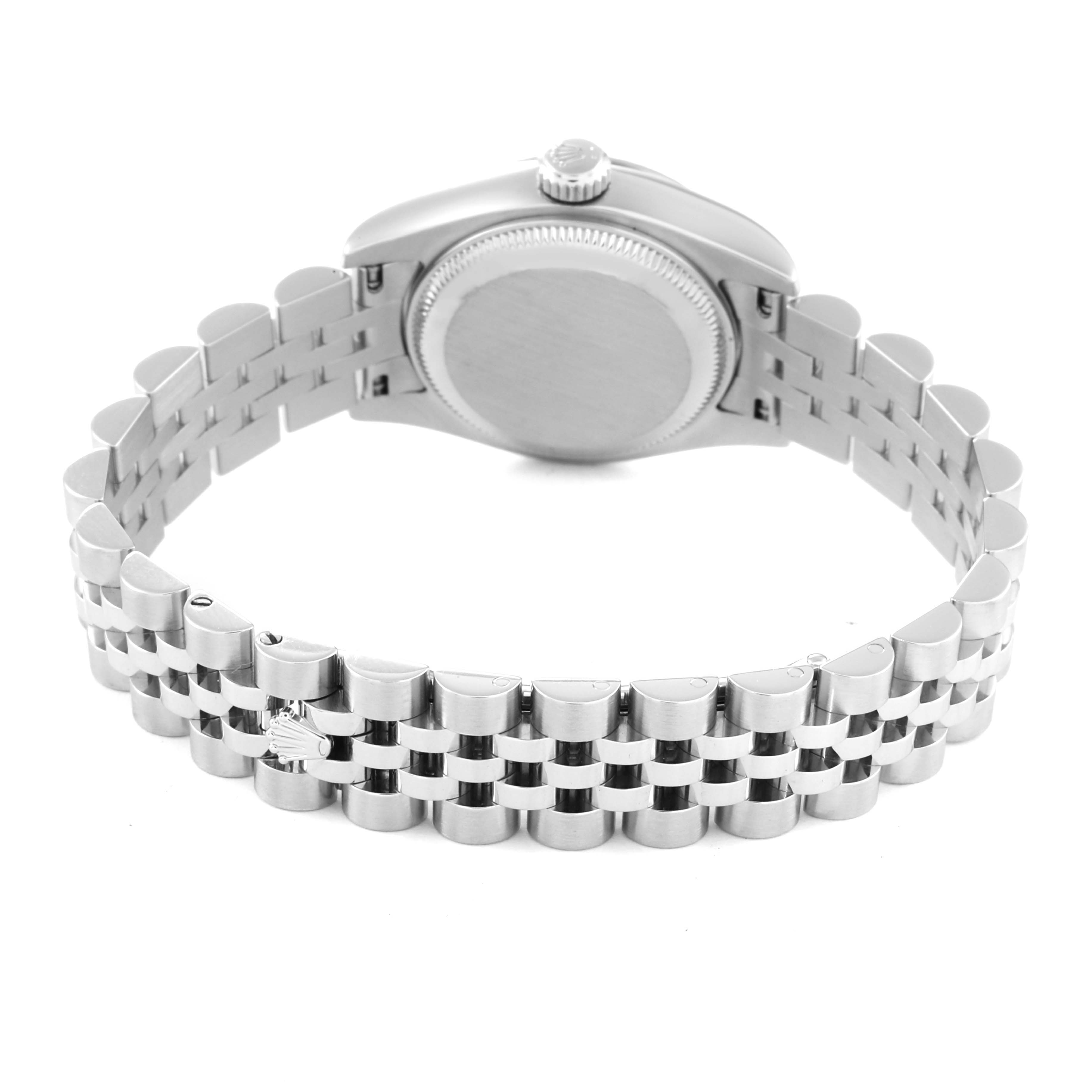 The image shows the back case and Jubilee bracelet of a Rolex Datejust 179174 Women's Stainless Steel Mother of Pearl Dial 179174 Women's Stainless Steel Mother of Pearl Dial watch.