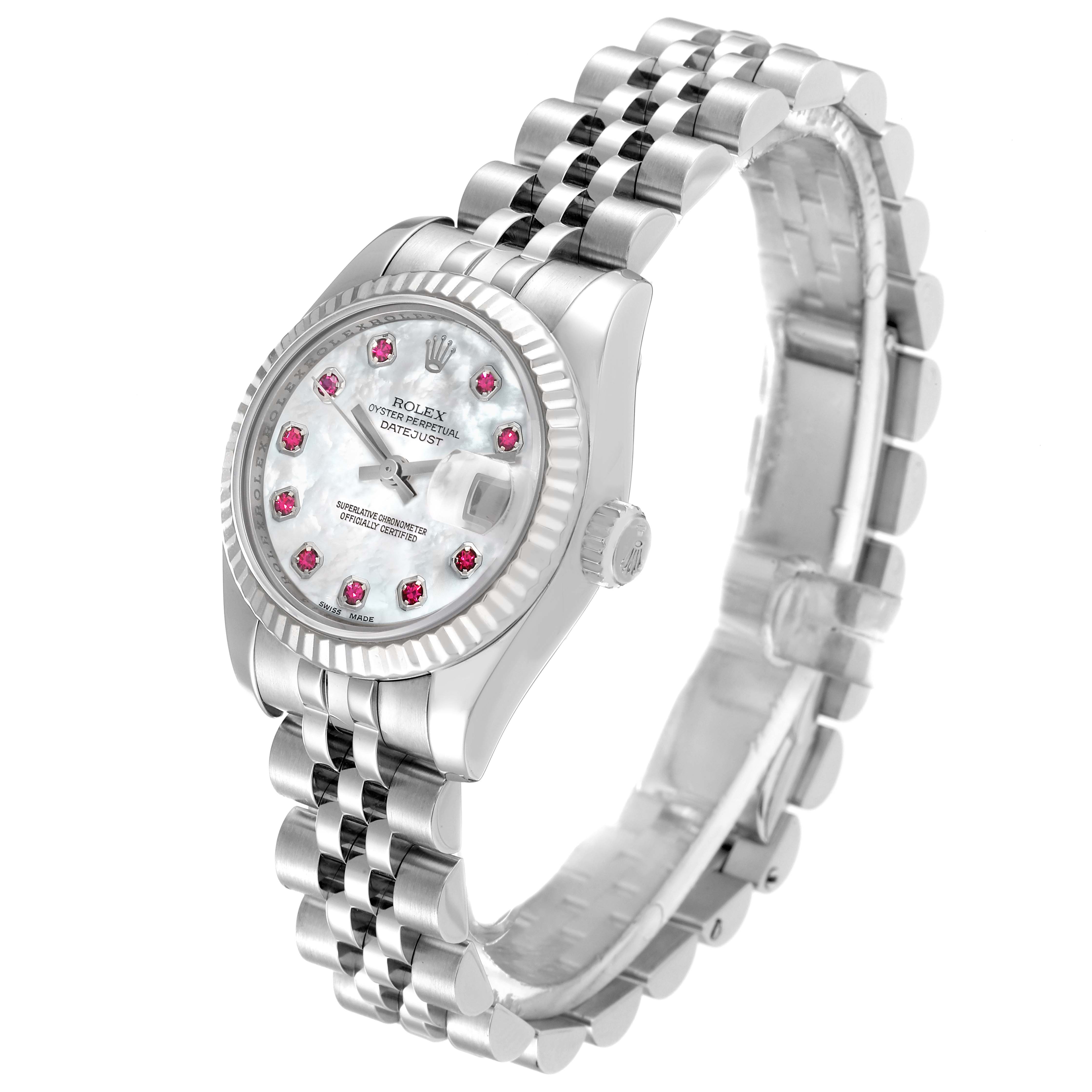 This image shows a side angle of a Rolex Datejust 179174 Women's Stainless Steel Mother of Pearl Dial 179174 Women's Stainless Steel Mother of Pearl Dial watch, highlighting the face, bezel, crown, and the Jubilee bracelet.