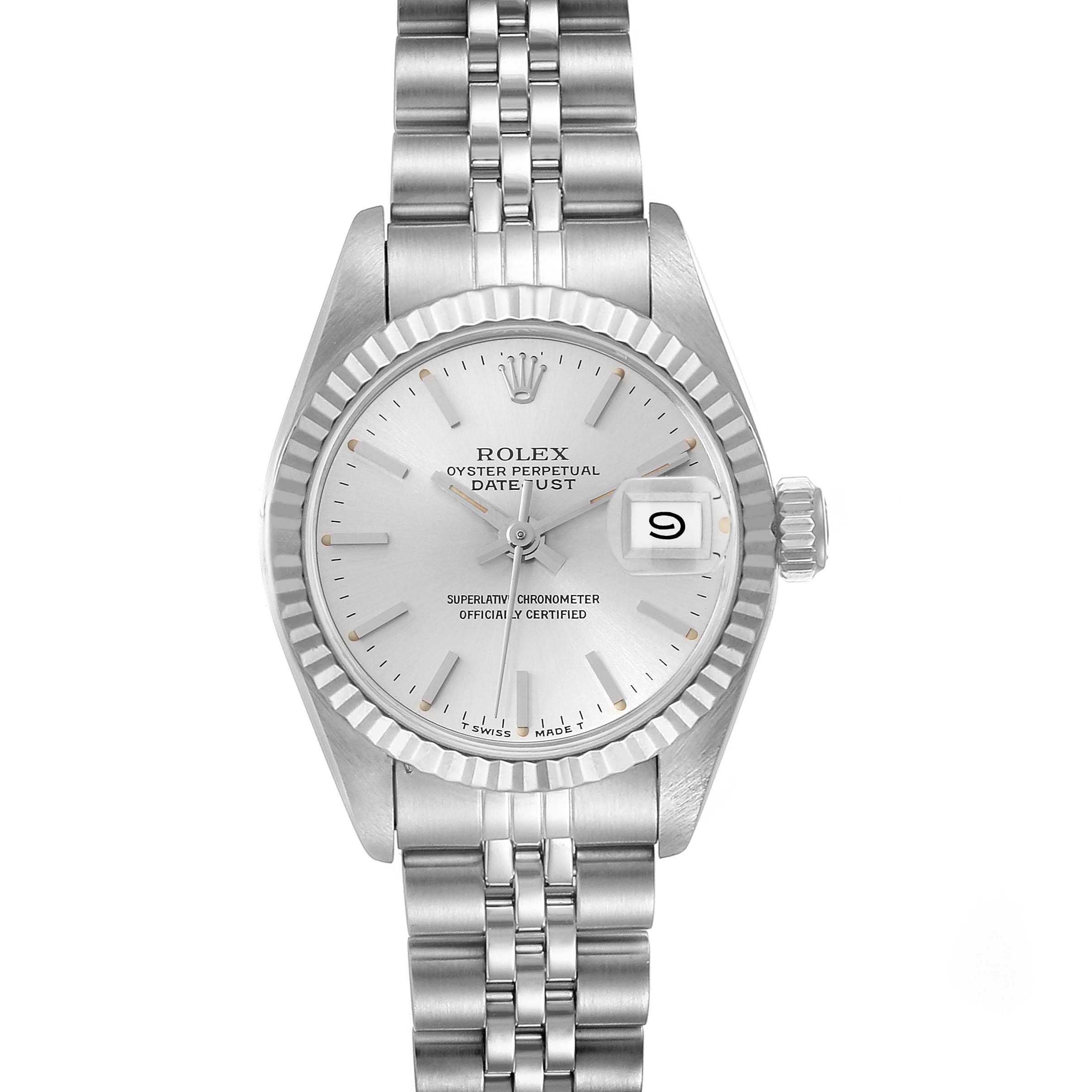 This Rolex Datejust 69174 Women's Stainless Steel Silver Dial 69174 Women's Stainless Steel Silver Dial watch is shown from a top-down angle, featuring its face, fluted bezel, crown, and Jubilee bracelet.