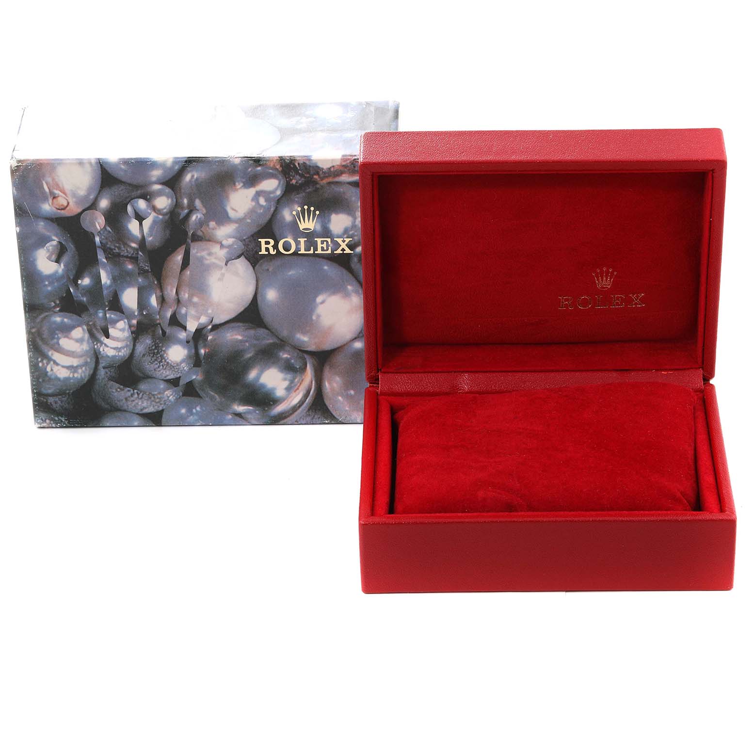 The image shows a Rolex Datejust 69174 Women's Stainless Steel Silver Dial 69174 Women's Stainless Steel Silver Dial watch box and outer packaging, with the box lid open and revealing a red interior.