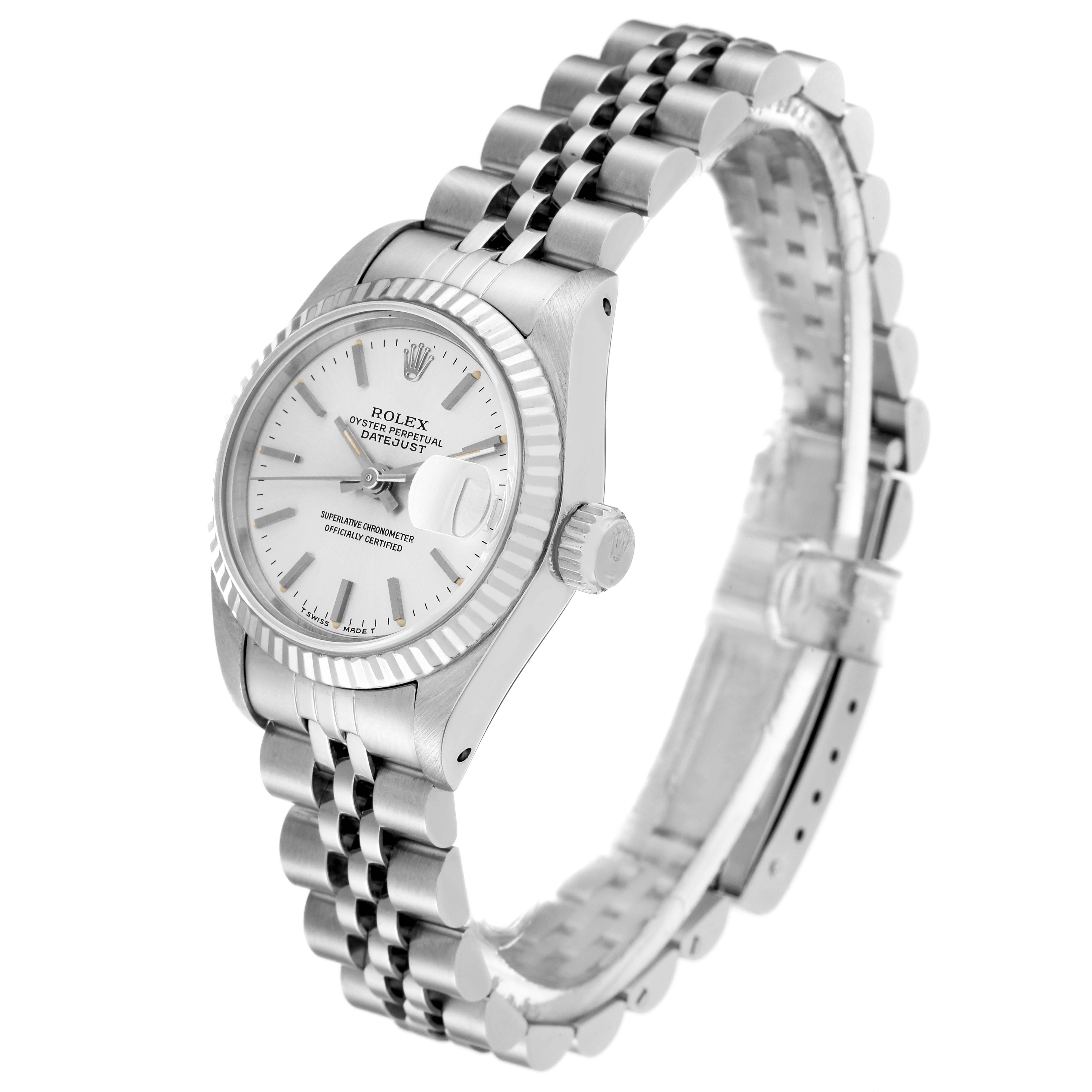 This Rolex Datejust 69174 Women's Stainless Steel Silver Dial 69174 Women's Stainless Steel Silver Dial model is shown from an angled side view, displaying its face, bezel, crown, and bracelet.