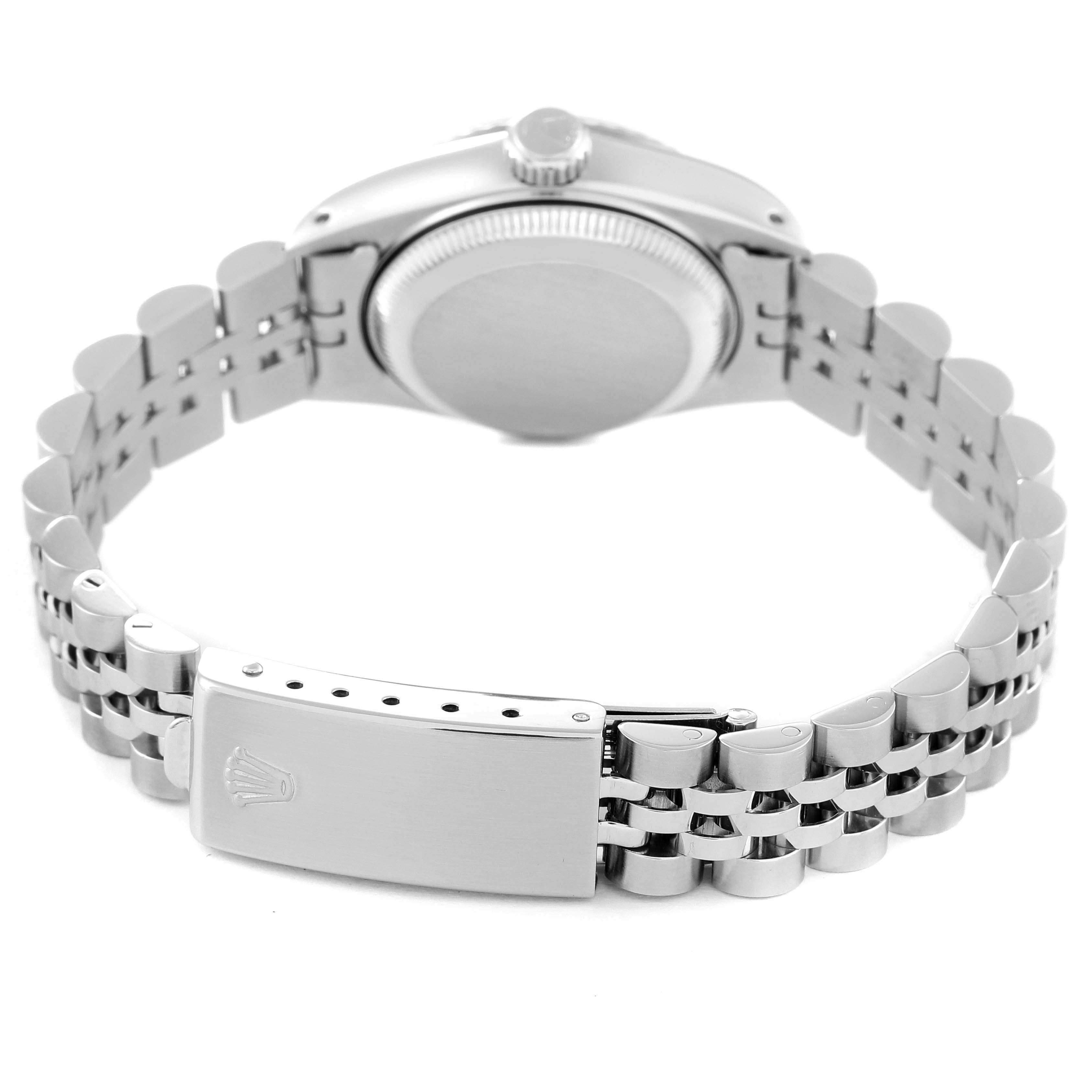 The image shows the back view of a Rolex Datejust 69174 Women's Stainless Steel Silver Dial 69174 Women's Stainless Steel Silver Dial watch, displaying its case back, crown, and bracelet clasp.