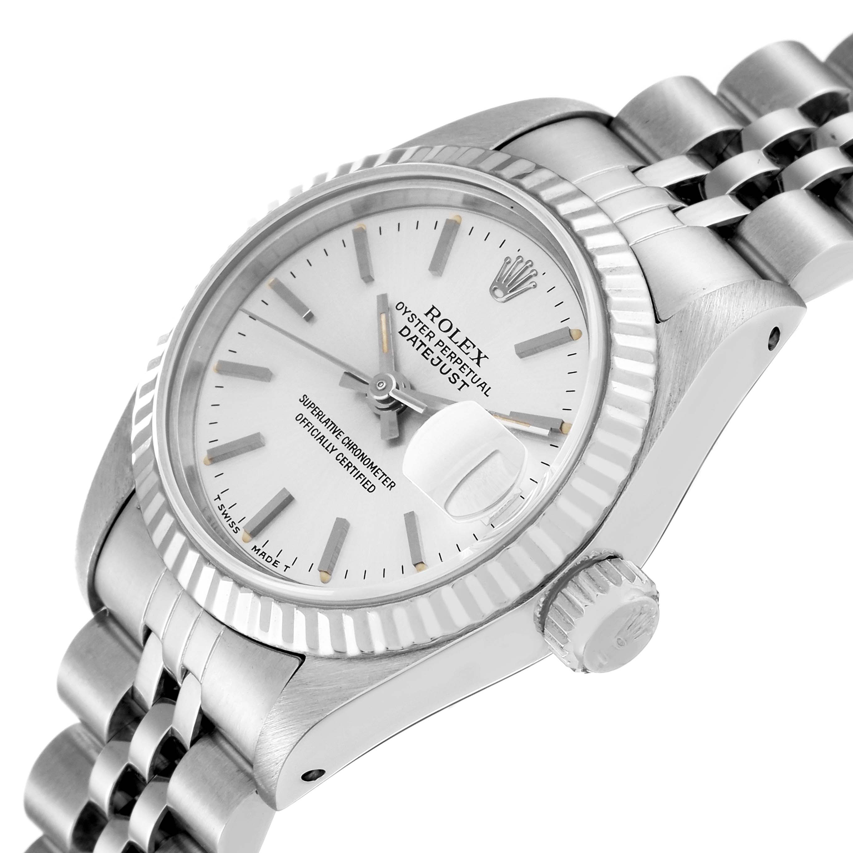 The image shows a close-up side angle of the Rolex Datejust 69174 Women's Stainless Steel Silver Dial 69174 Women's Stainless Steel Silver Dial watch, focusing on the face, bezel, and part of the bracelet.