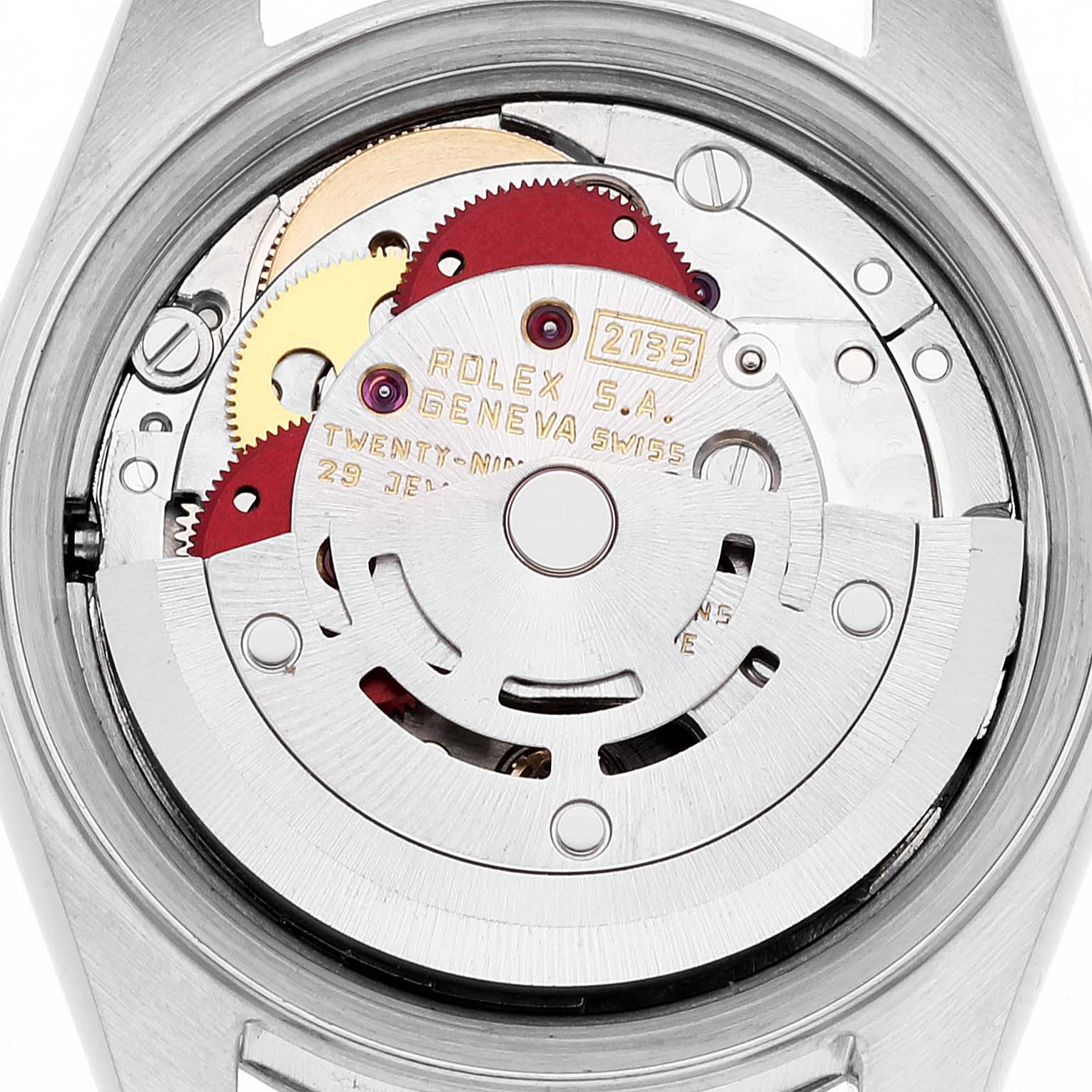 The image shows the Rolex Datejust 69174 Women's Stainless Steel Silver Dial 69174 Women's Stainless Steel Silver Dial model from the back, revealing its intricate inner movement components.