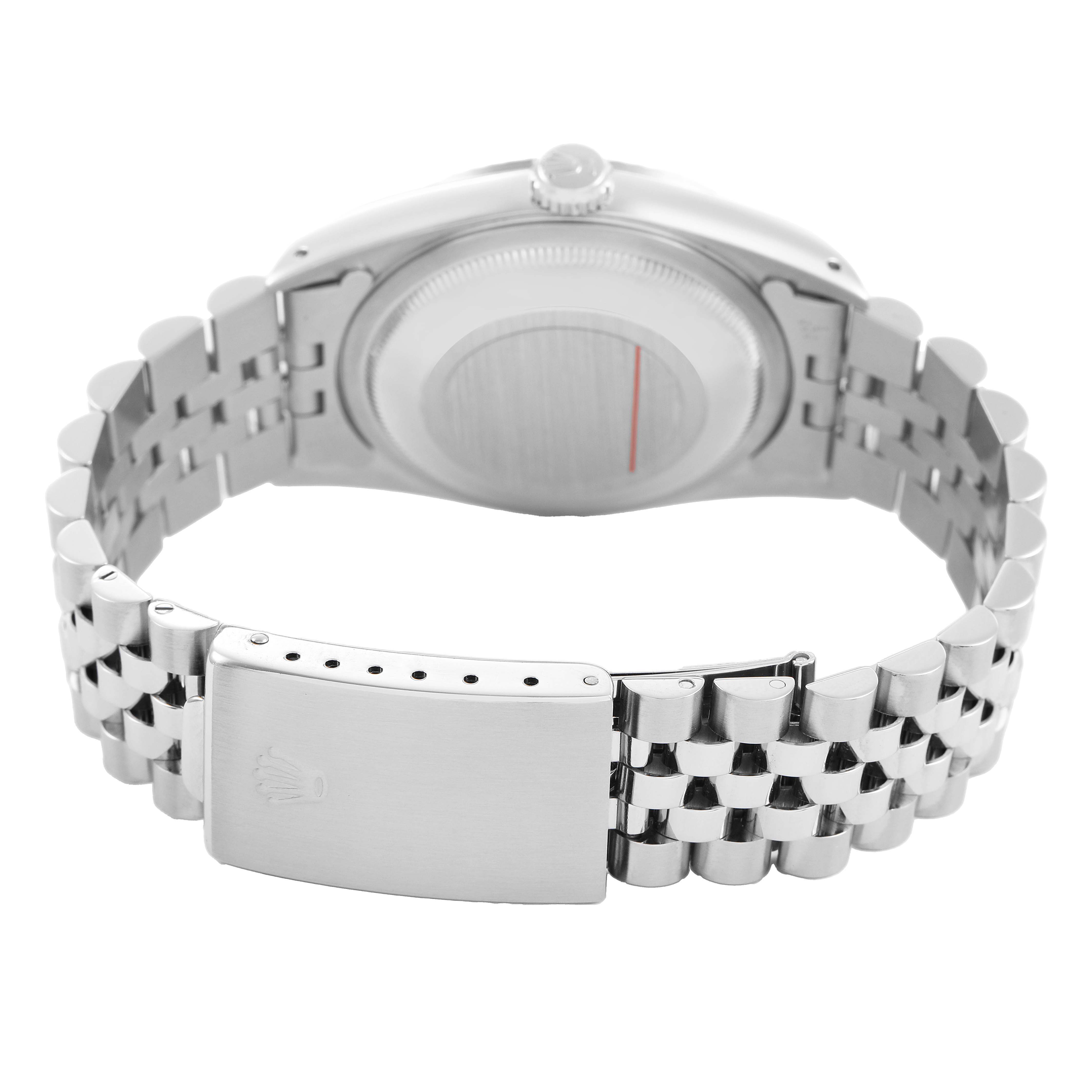 The image shows the back of the Rolex Datejust 16234 Men's Stainless Steel Silver Dial watch, highlighting the case back, jubilee bracelet, and clasp.
