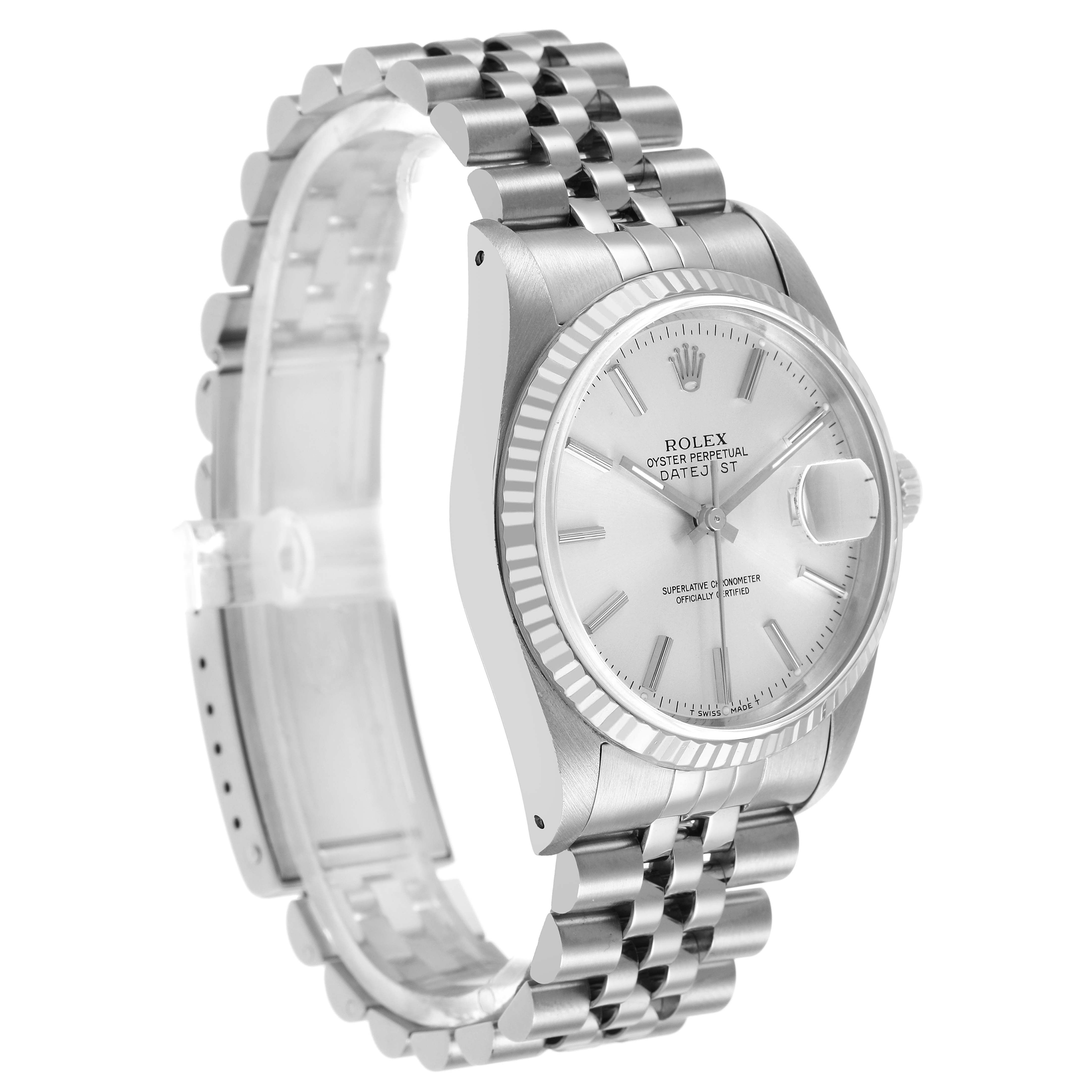 The Rolex Datejust 16234 Men's Stainless Steel Silver Dial watch is shown at a three-quarter angle, displaying the dial, bezel, crown, and jubilee bracelet.