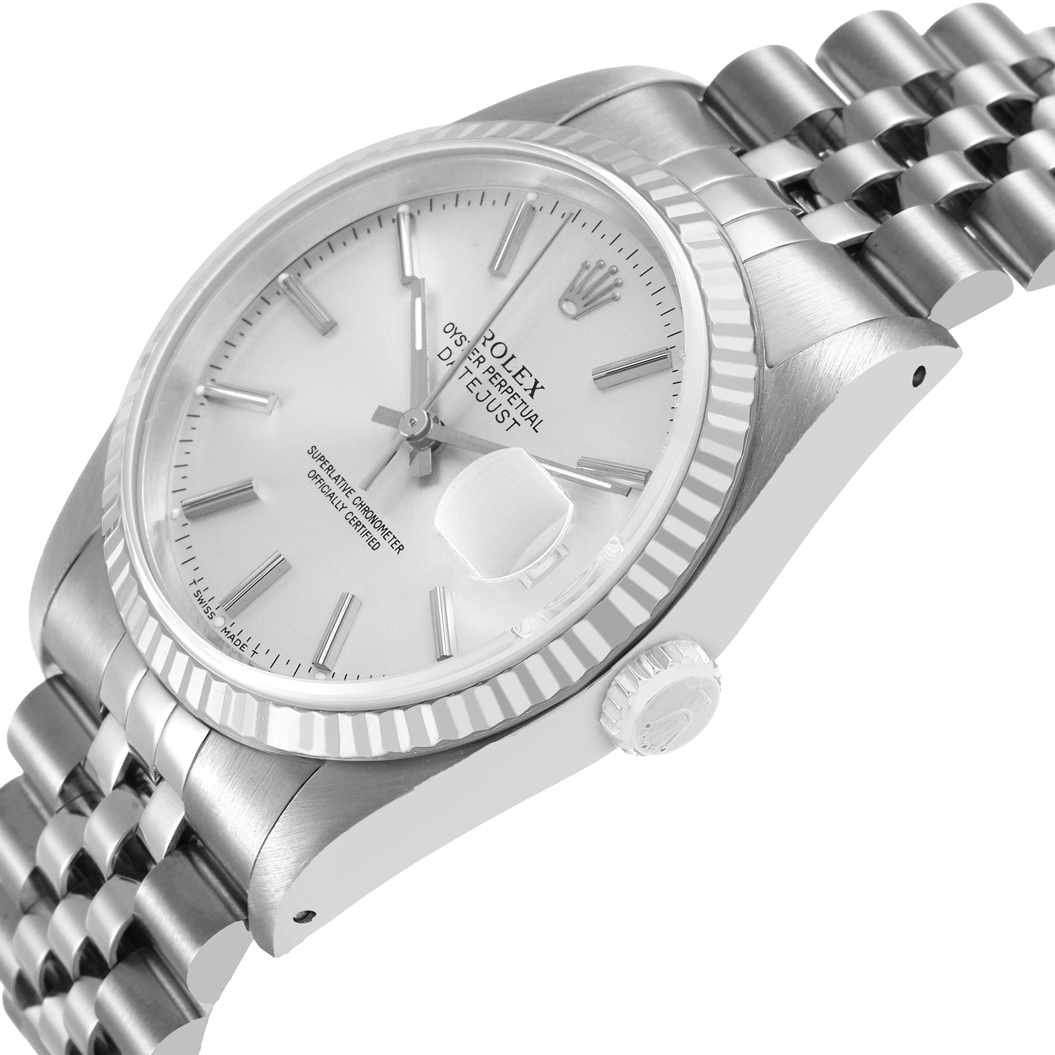 The Rolex Datejust 16234 Men's Stainless Steel Silver Dial is shown at an angle highlighting the face, bezel, crown, and part of the bracelet.