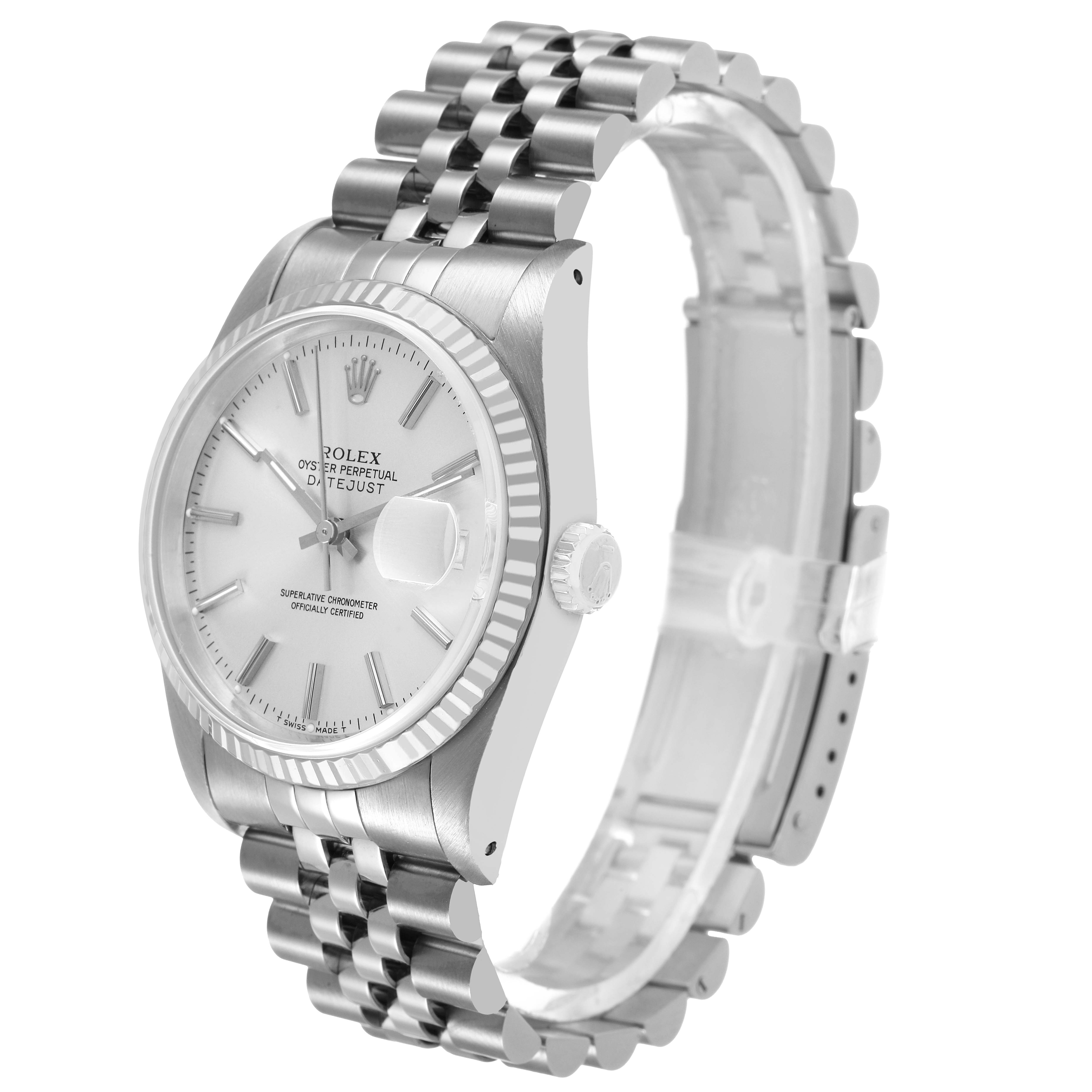 The Rolex Datejust 16234 Men's Stainless Steel Silver Dial watch is shown at a three-quarter angle, displaying the dial, bezel, and Jubilee bracelet.