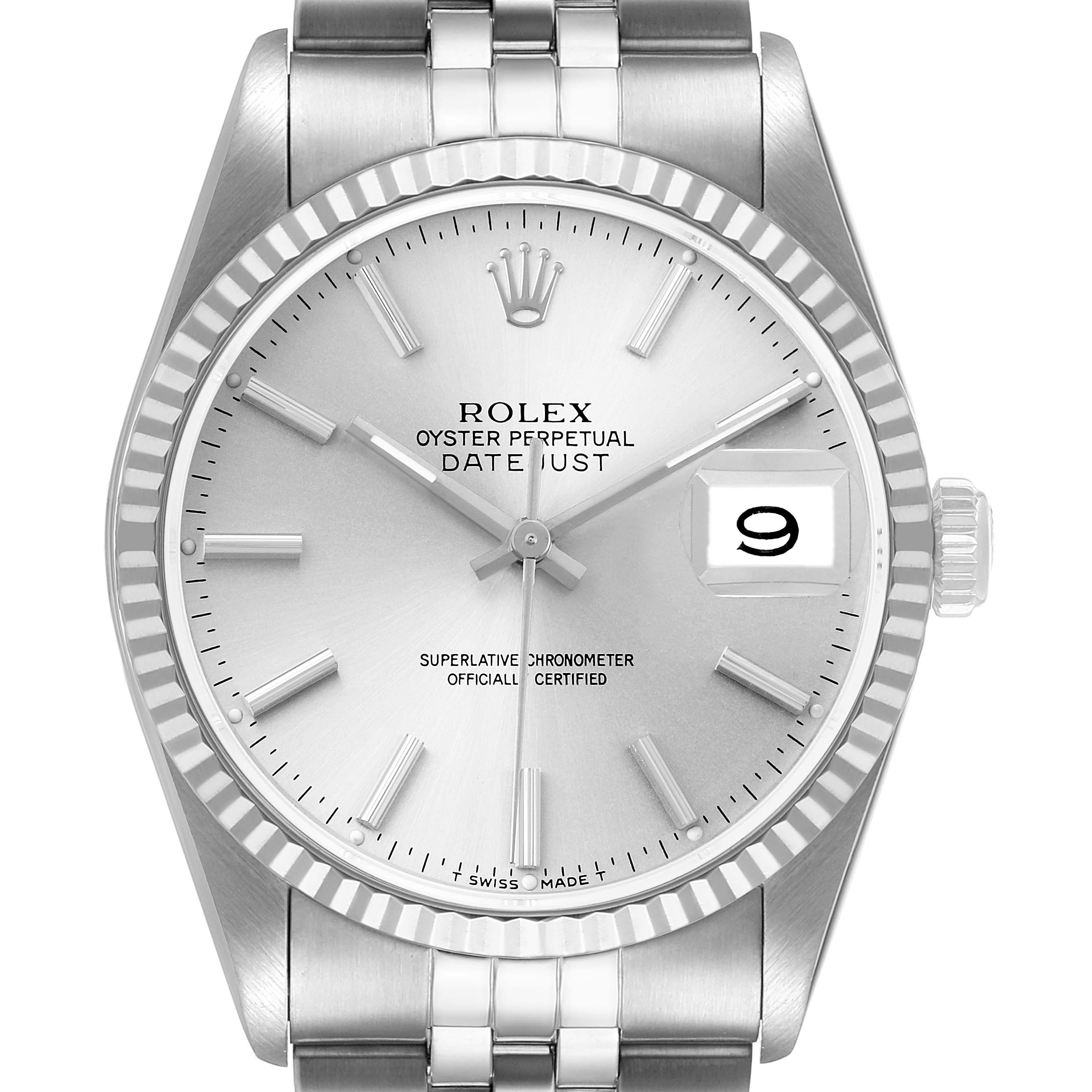 The Rolex Datejust 16234 Men's Stainless Steel Silver Dial watch is shown from a front angle, highlighting the dial, bezel, crown, and part of the bracelet.