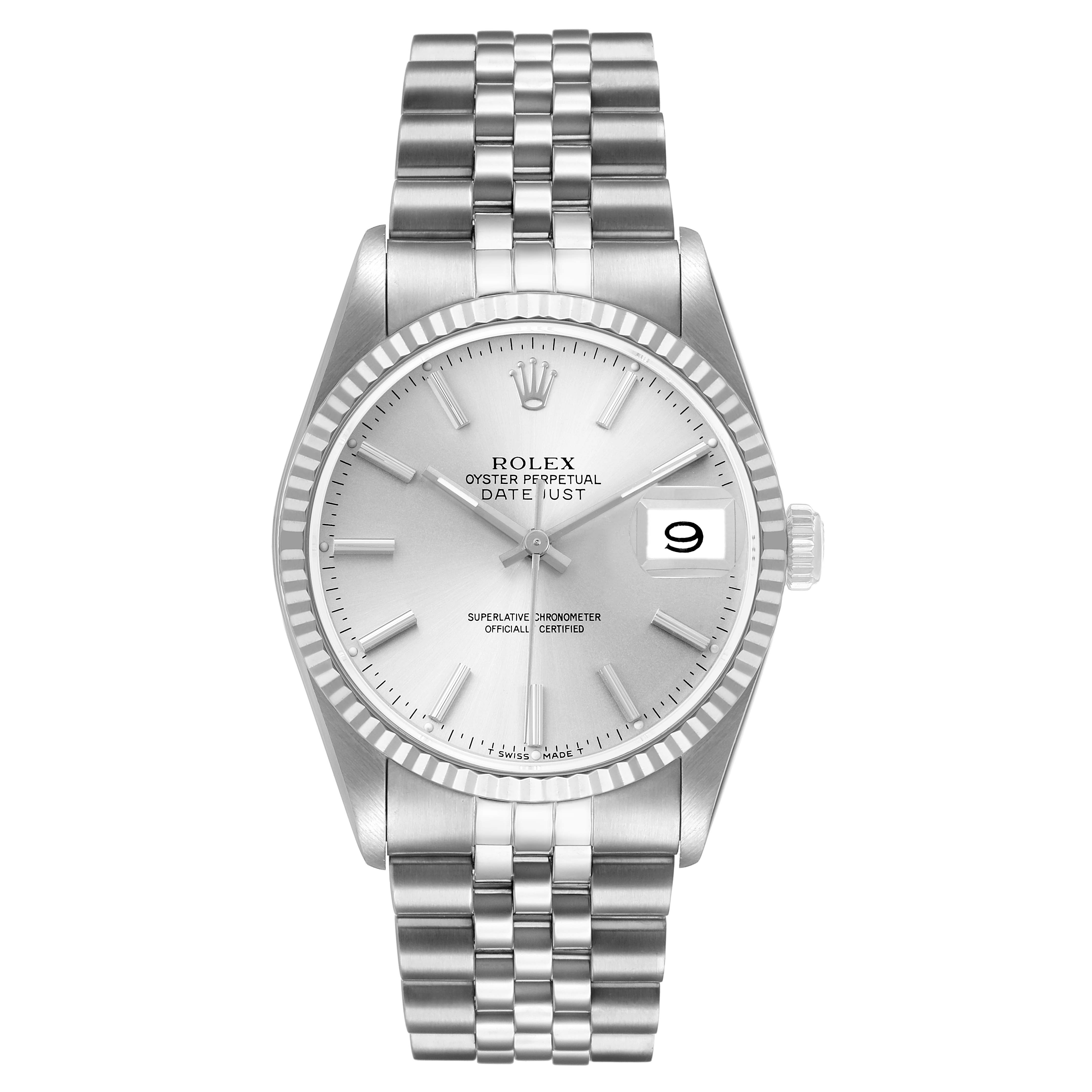 The Rolex Datejust 16234 Men's Stainless Steel Silver Dial watch is shown from a front angle, displaying its dial, fluted bezel, and jubilee bracelet.