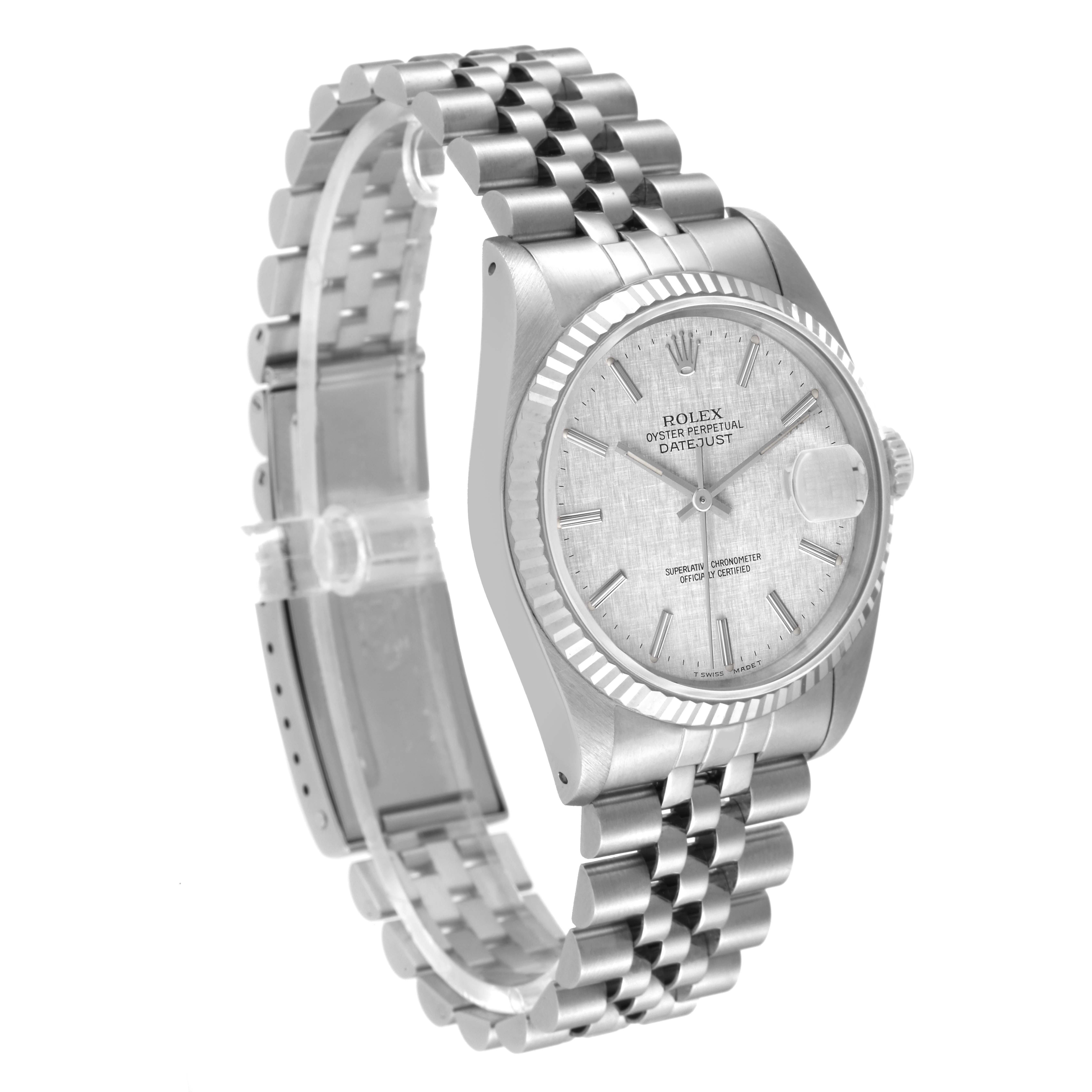 The image shows a Rolex Datejust 16234 Men's Stainless Steel Silver Dial 16234 Men's Stainless Steel Silver Dial watch from a three-quarter angle, highlighting the dial, bezel, and bracelet.