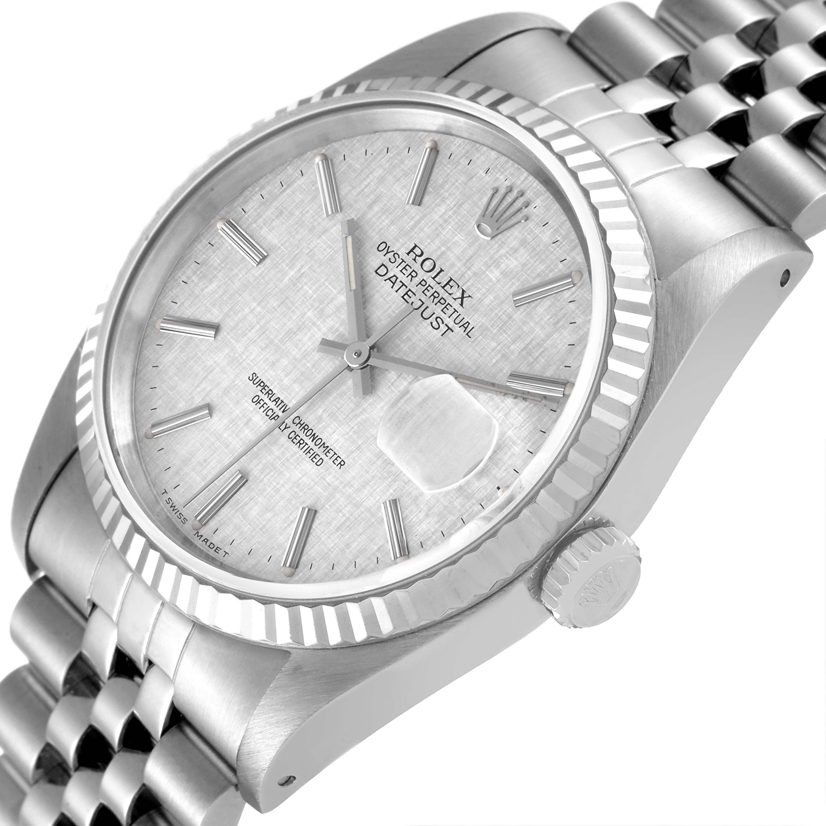 The image shows a Rolex Datejust 16234 Men's Stainless Steel Silver Dial 16234 Men's Stainless Steel Silver Dial watch at an angled side view, displaying the dial, crown, bezel, and part of the bracelet.