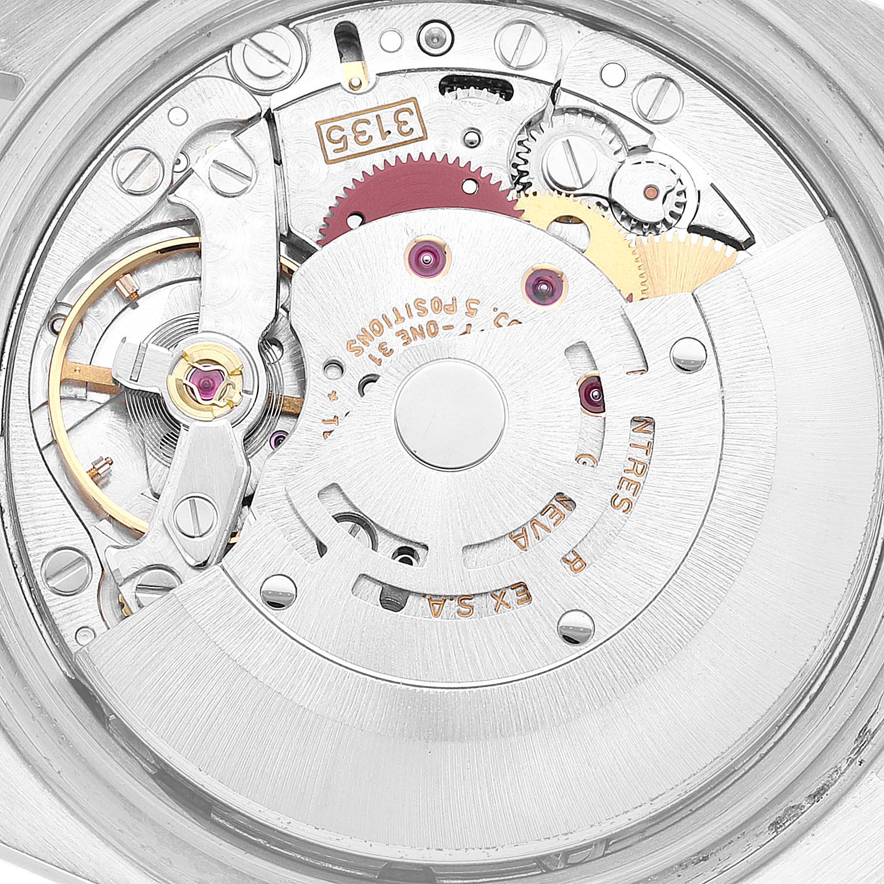 This image shows a close-up view of the inner movement mechanism of a Rolex Datejust 16234 Men's Stainless Steel Silver Dial 16234 Men's Stainless Steel Silver Dial watch.
