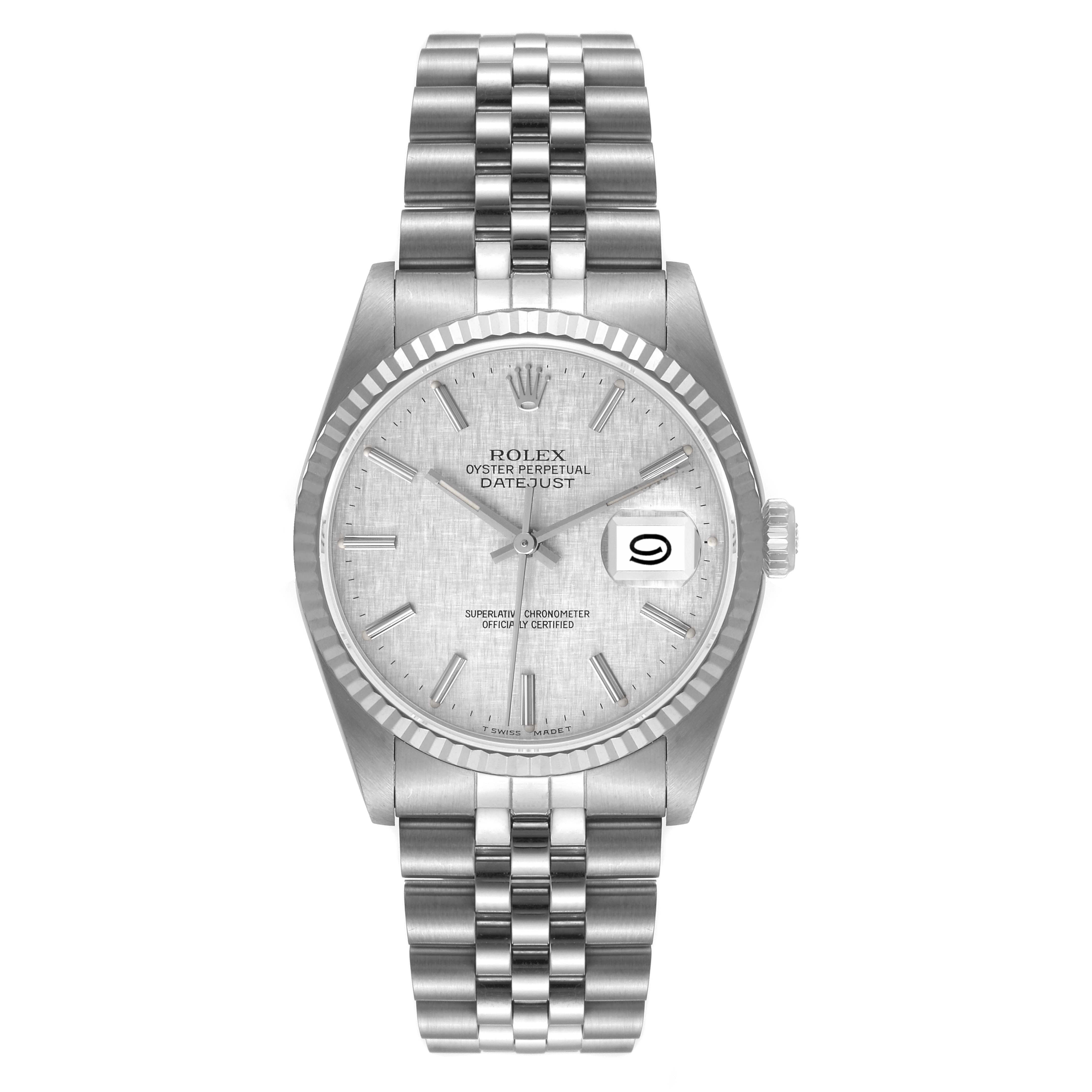 This image shows a front view of a Rolex Datejust 16234 Men's Stainless Steel Silver Dial 16234 Men's Stainless Steel Silver Dial watch, highlighting its dial, fluted bezel, and Jubilee bracelet.