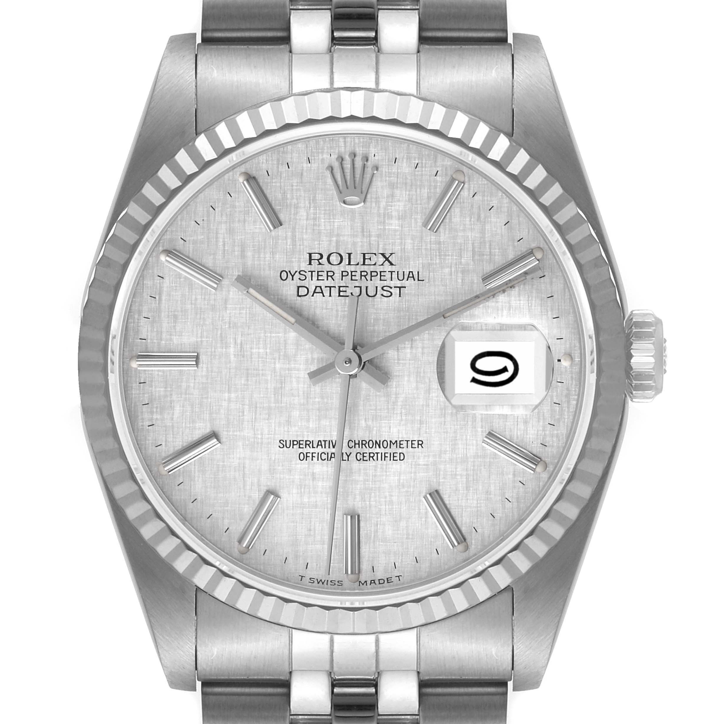 This image shows a front view of the Rolex Datejust 16234 Men's Stainless Steel Silver Dial 16234 Men's Stainless Steel Silver Dial watch, displaying the dial, hands, bezel, and part of the bracelet.