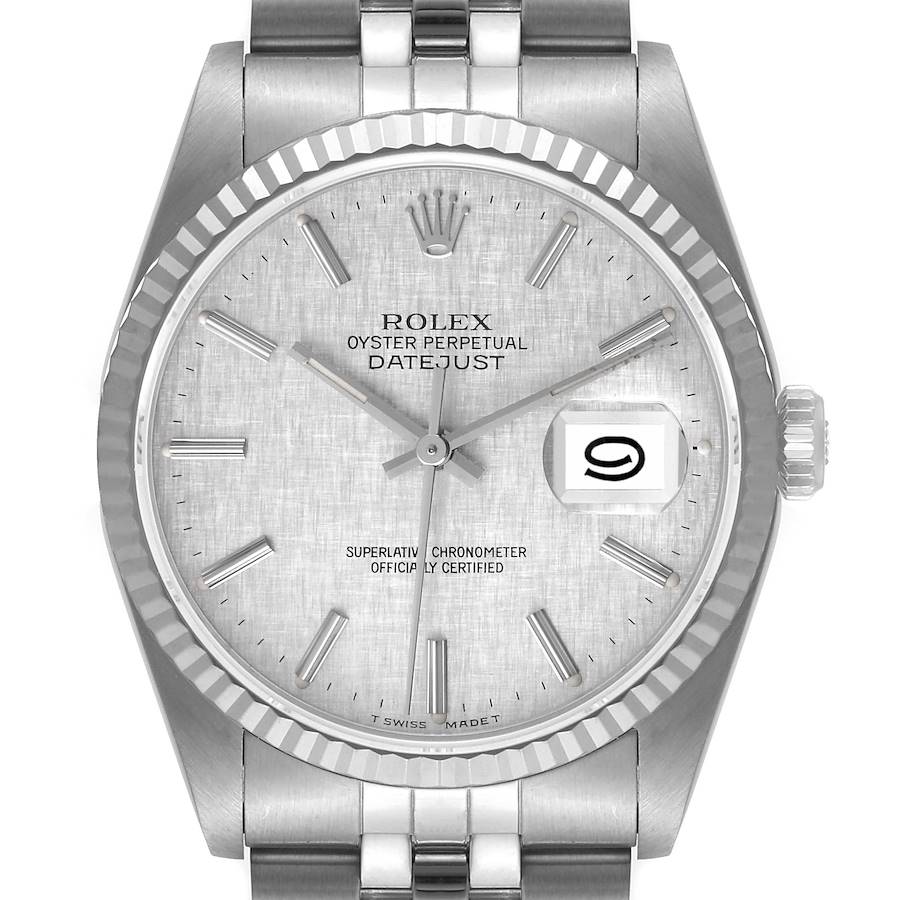 Rolex Datejust Steel White Gold Silver Linen Dial Mens Watch 16234 SwissWatchExpo