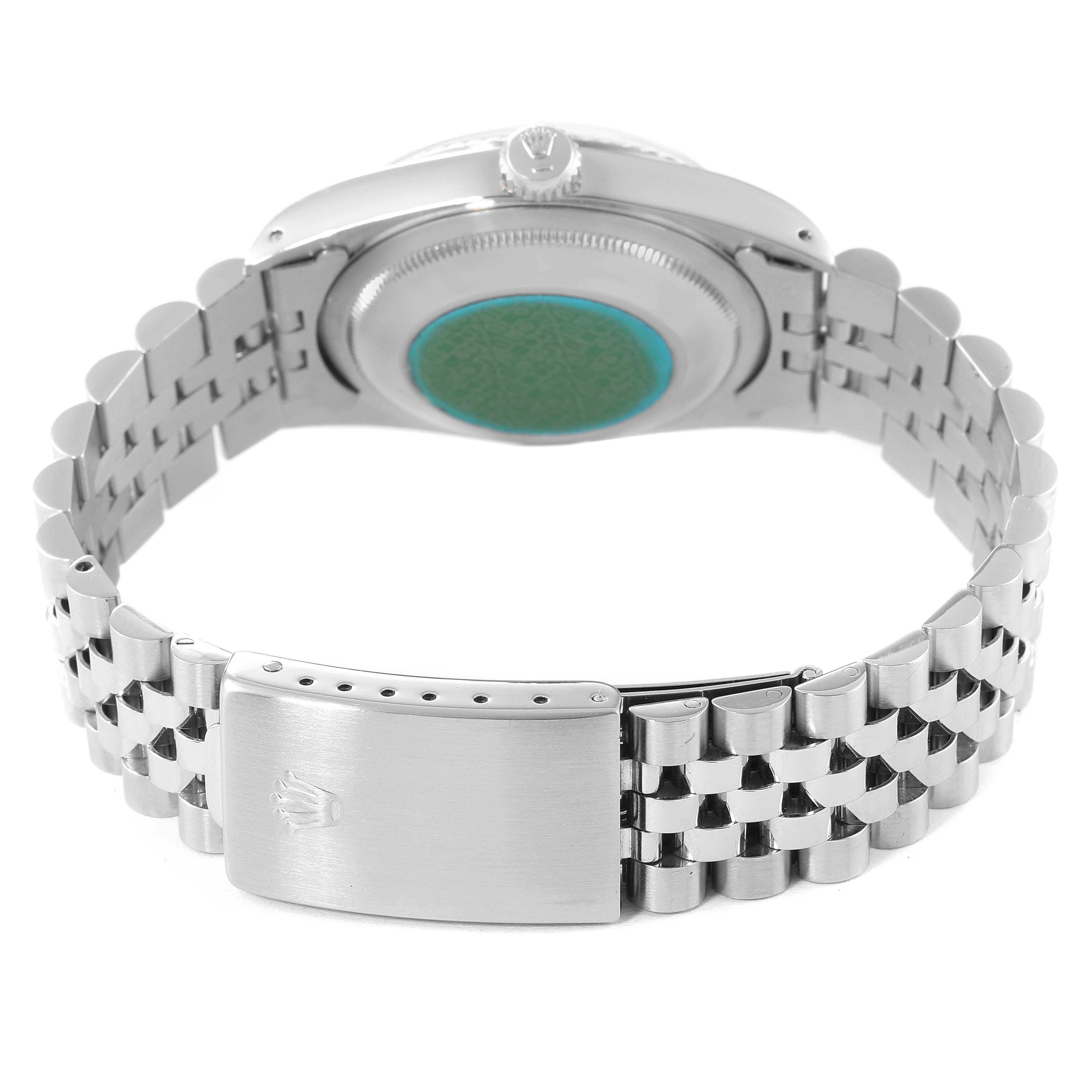 The image shows the back view of a Rolex Datejust 16234 Men's Stainless Steel Silver Dial 16234 Men's Stainless Steel Silver Dial watch, focusing on the case back, crown, and Jubilee bracelet with clasp.