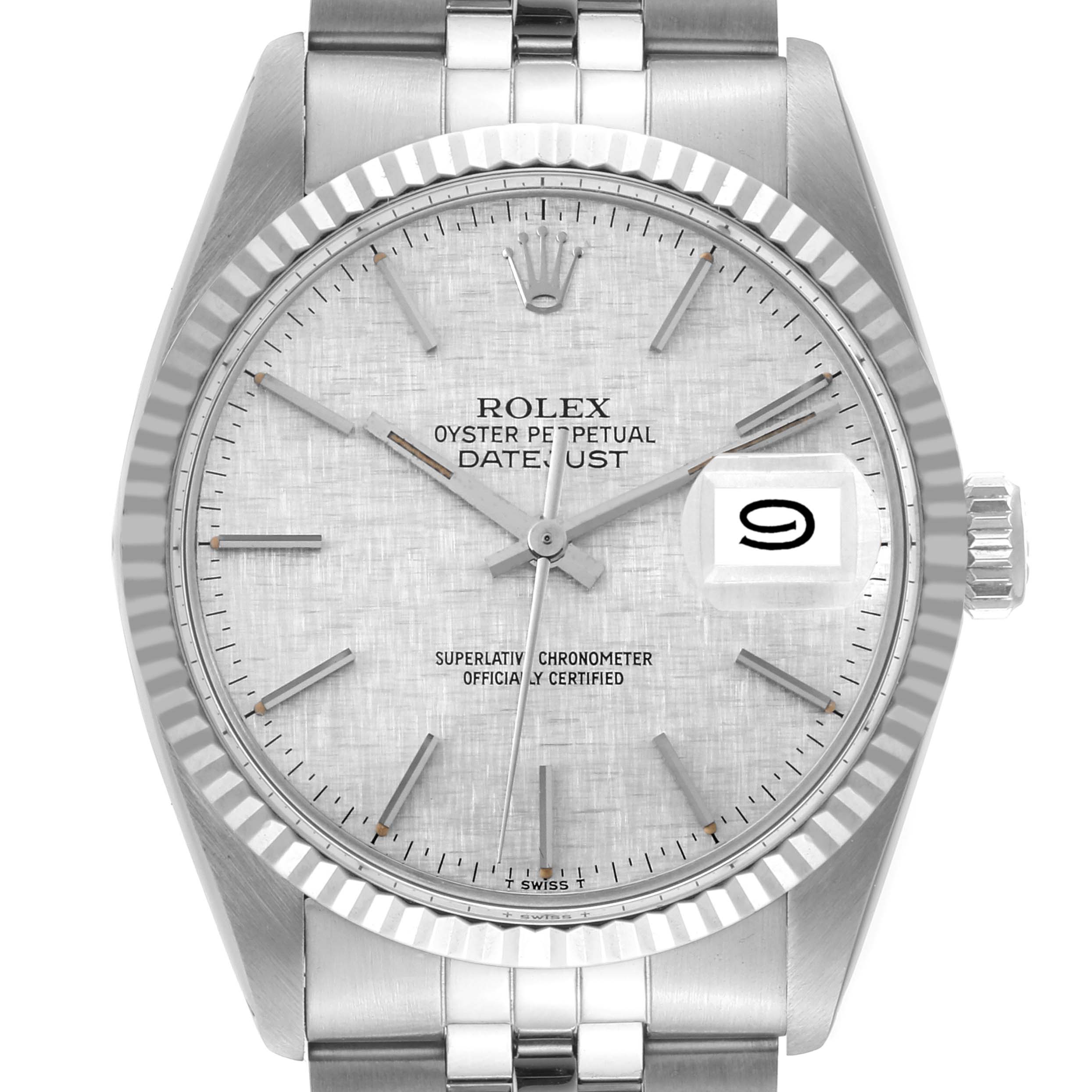 This image shows a Rolex Vintage Collection 16014 Men's Stainless Steel Silver Dial 16014 Men's Stainless Steel Silver Dial Datejust watch with a silver dial, fluted bezel, and the date displayed at the 3 o'clock position.