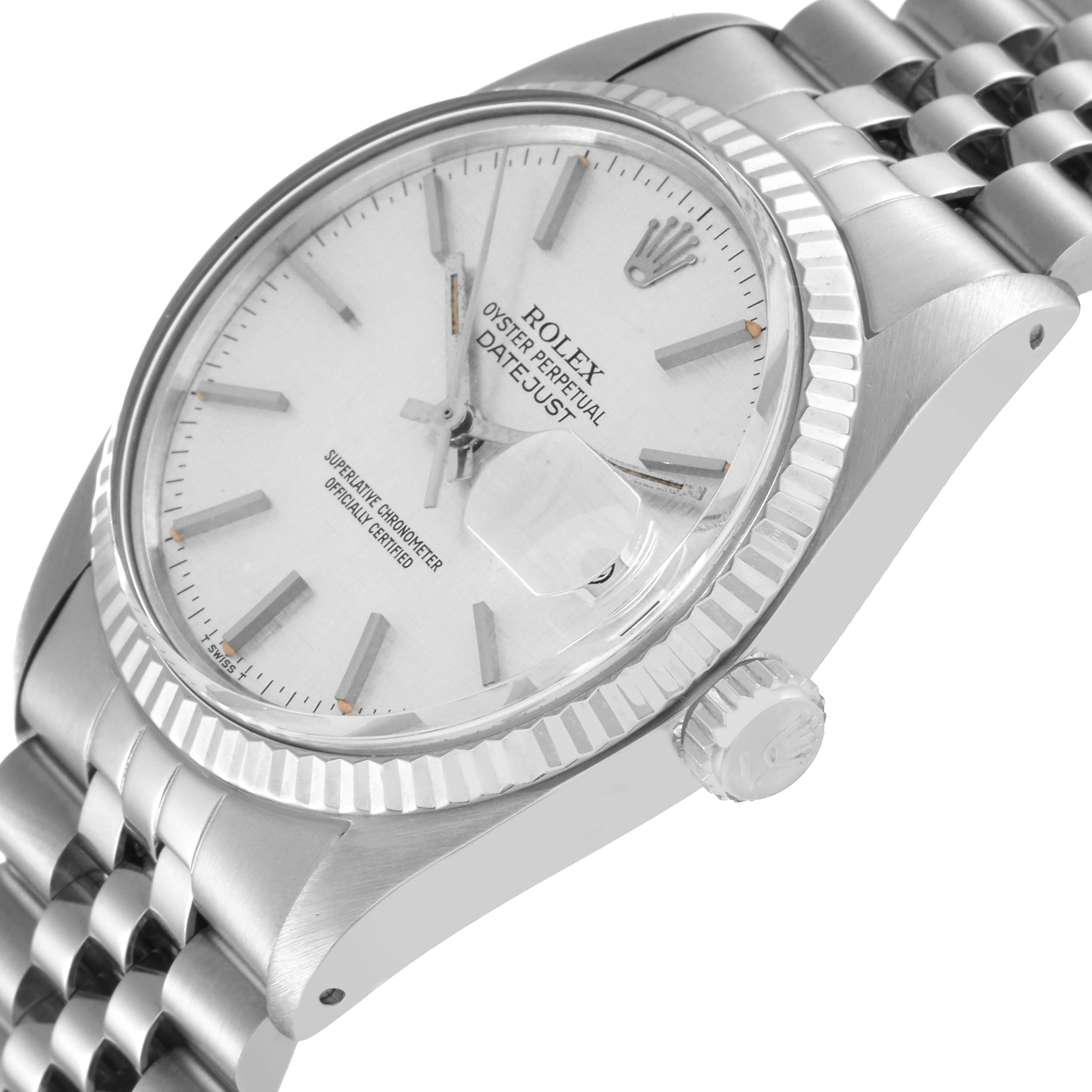 The image shows a close-up angle of the Rolex Vintage Collection 16014 Men's Stainless Steel Silver Dial 16014 Men's Stainless Steel Silver Dial Datejust, highlighting the watch face, bezel, crown, and part of the bracelet.