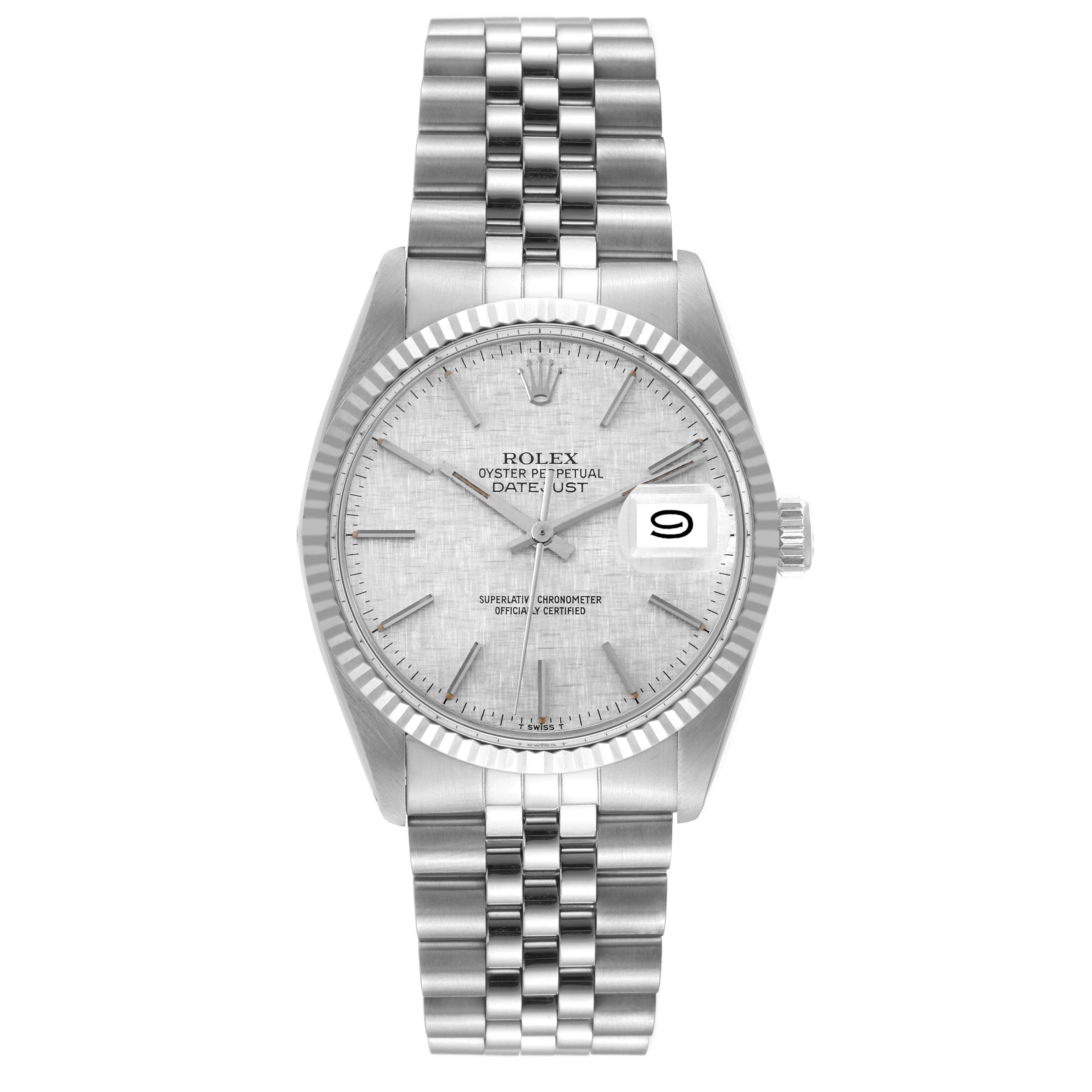 This image shows a front view of the Rolex Vintage Collection 16014 Men's Stainless Steel Silver Dial 16014 Men's Stainless Steel Silver Dial watch, clearly displaying its dial, bezel, and bracelet.