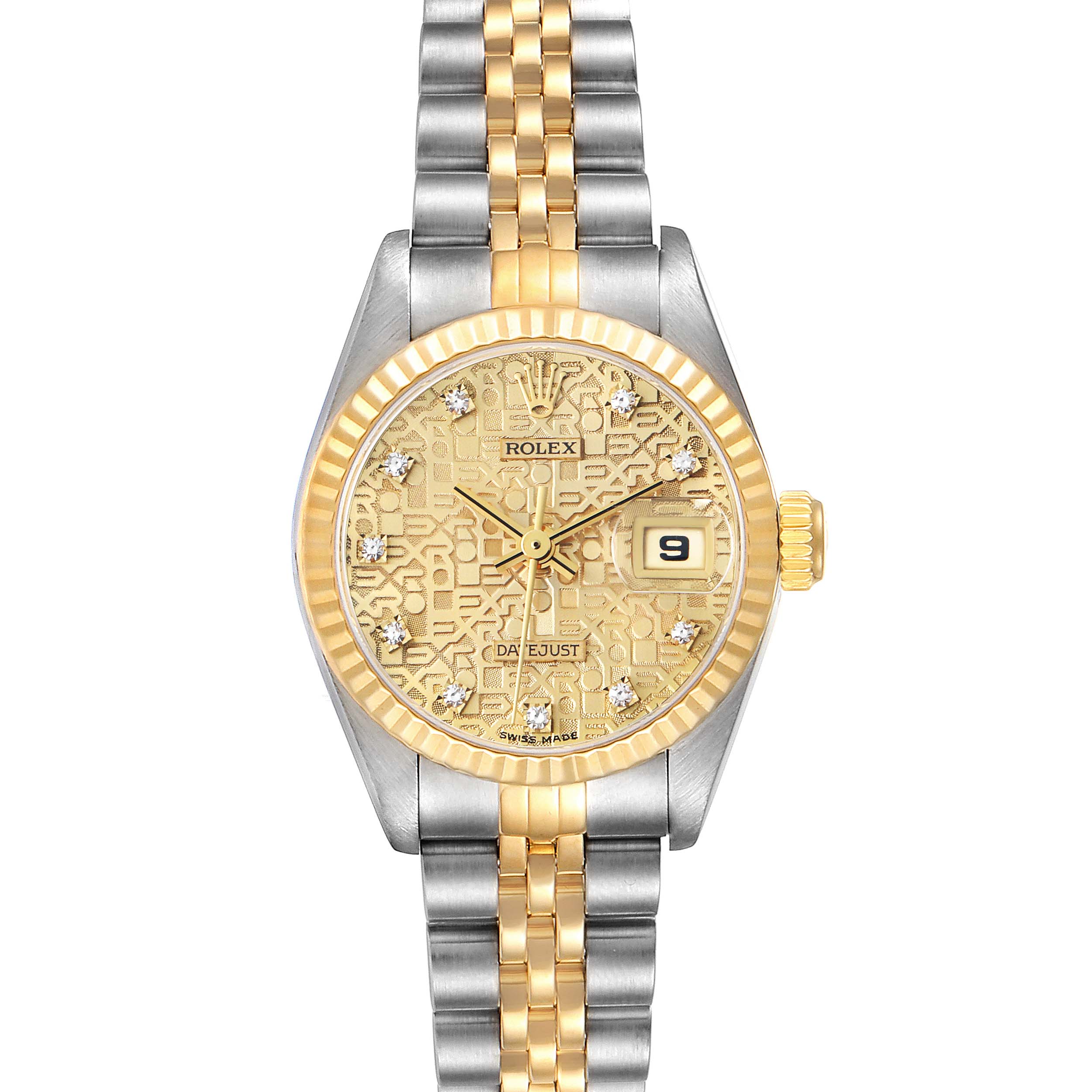 The Rolex Datejust 69173 Women's Steel and Gold (two tone) Champagne Dial 69173 Women's Steel and Gold (two tone) Champagne Dial watch is shown from the front, highlighting its dial, bezel, crown, and two-tone bracelet.