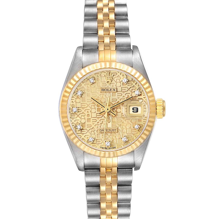 The Rolex Datejust watch is shown from the front, highlighting its dial, bezel, crown, and two-tone bracelet.