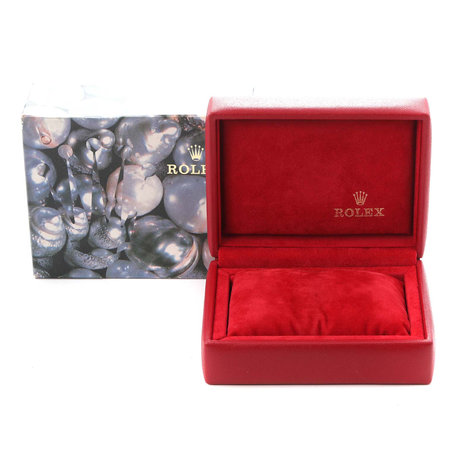 The image shows a Rolex Datejust 69173 Women's Steel and Gold (two tone) Champagne Dial 69173 Women's Steel and Gold (two tone) Champagne Dial watch box and sleeve from a front angle, featuring red interior and exterior.