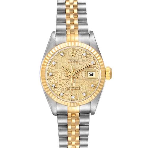 The Rolex Datejust watch is shown from a front angle, highlighting its gold and silver jubilee bracelet and textured dial with diamond hour markers.