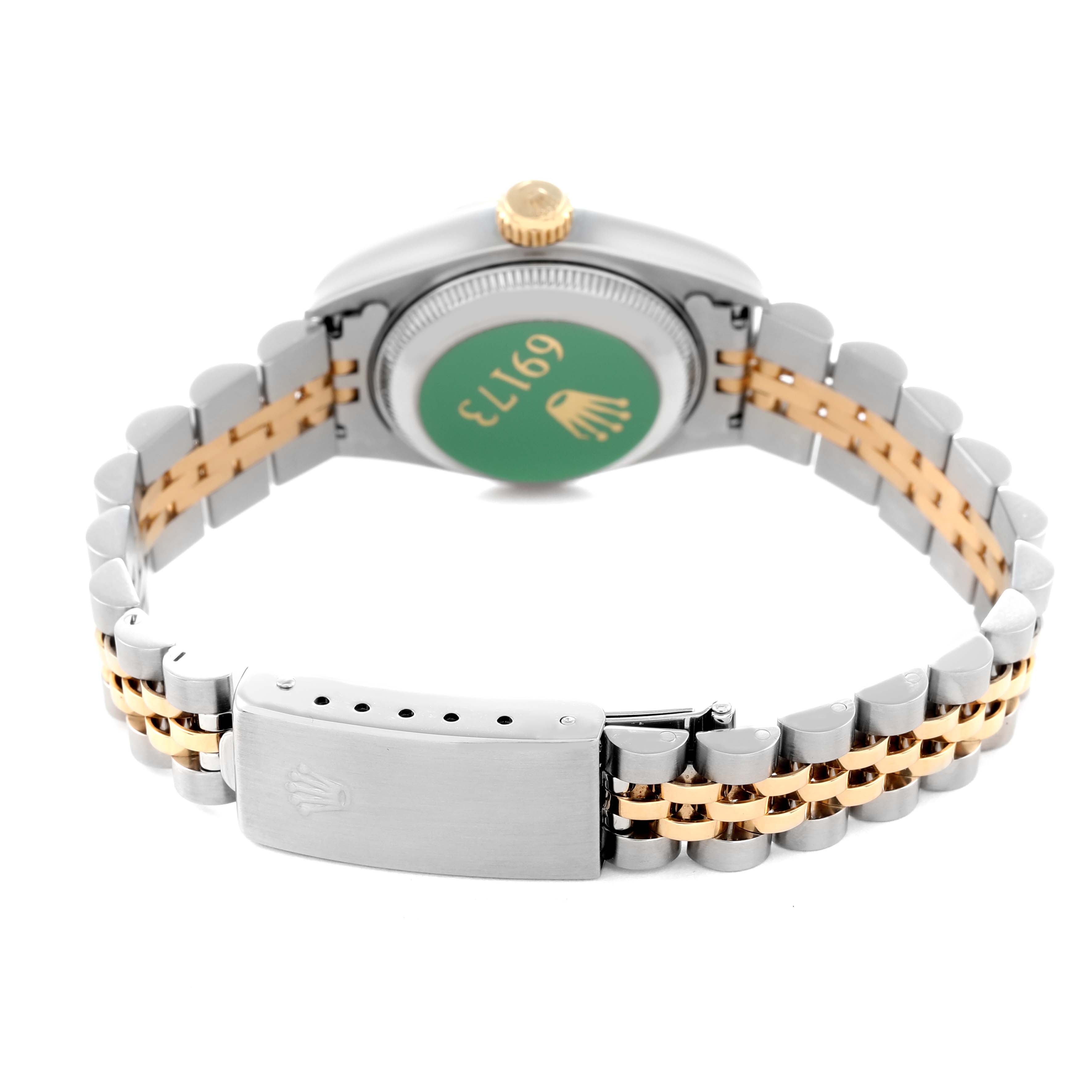 The image shows the back view of a Rolex Datejust 69173 Women's Steel and Gold (two tone) Champagne Dial 69173 Women's Steel and Gold (two tone) Champagne Dial, displaying the case back, crown, and two-tone bracelet with clasp.