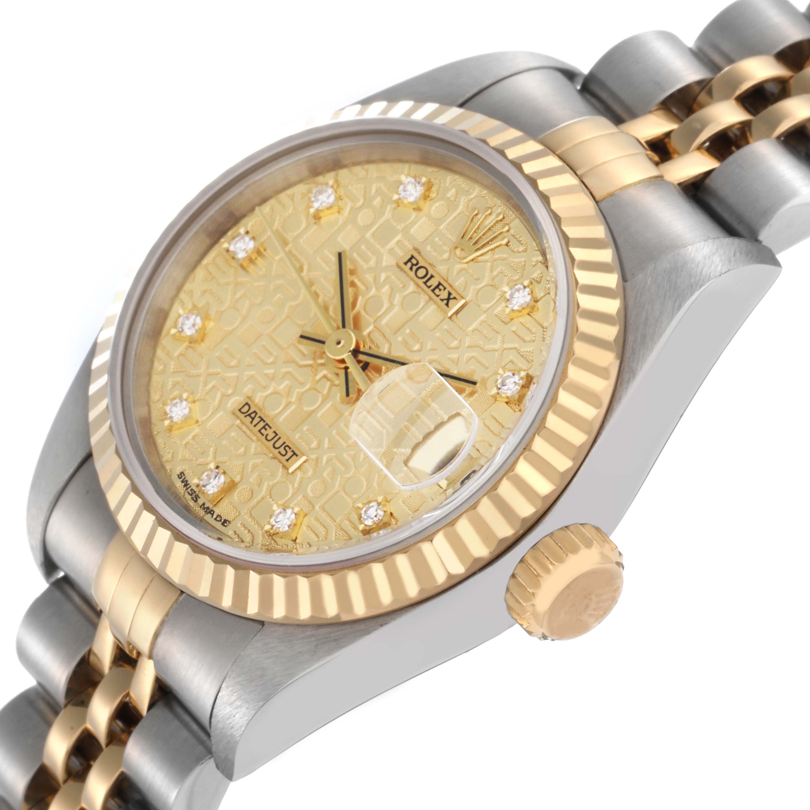 The Rolex Datejust 69173 Women's Steel and Gold (two tone) Champagne Dial 69173 Women's Steel and Gold (two tone) Champagne Dial watch is shown from a side angle highlighting the dial, crown, bezel, and part of the bracelet.