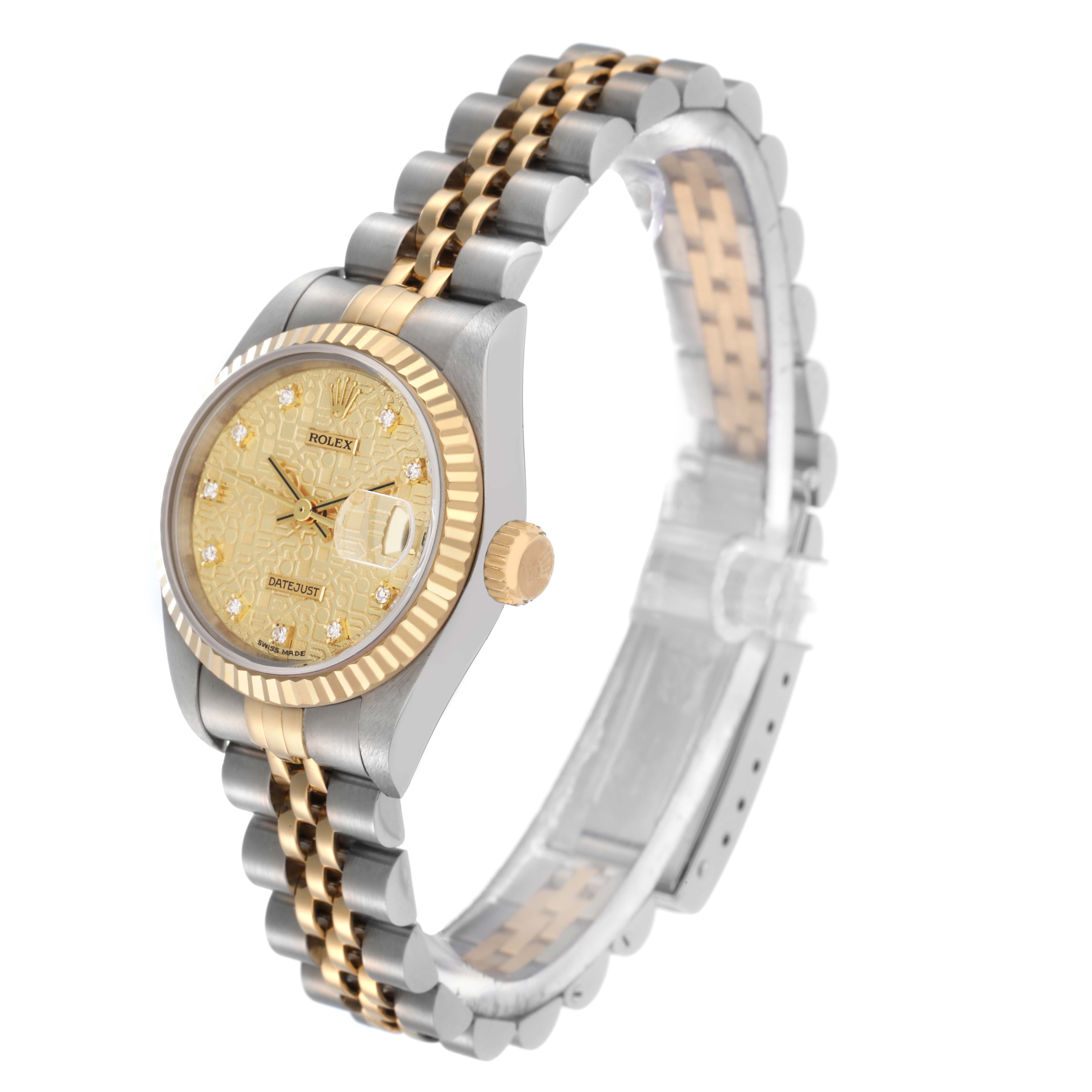 The Rolex Datejust 69173 Women's Steel and Gold (two tone) Champagne Dial 69173 Women's Steel and Gold (two tone) Champagne Dial watch is shown at a slight angle displaying its case, bezel, bracelet, and dial with hour markers.