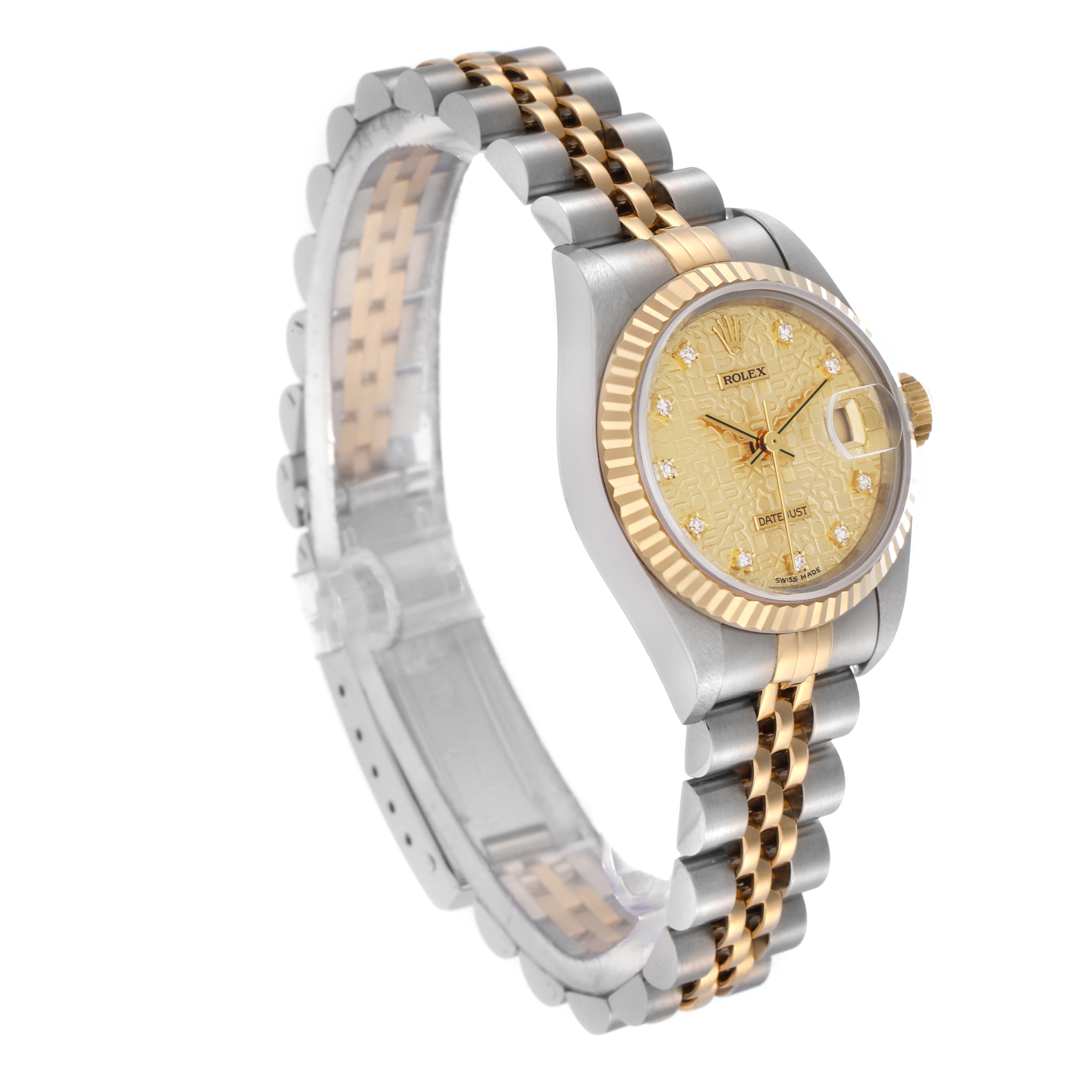 The Rolex Datejust 69173 Women's Steel and Gold (two tone) Champagne Dial 69173 Women's Steel and Gold (two tone) Champagne Dial watch is shown at a slight angle, highlighting its two-tone bracelet, gold bezel, and detailed champagne dial.
